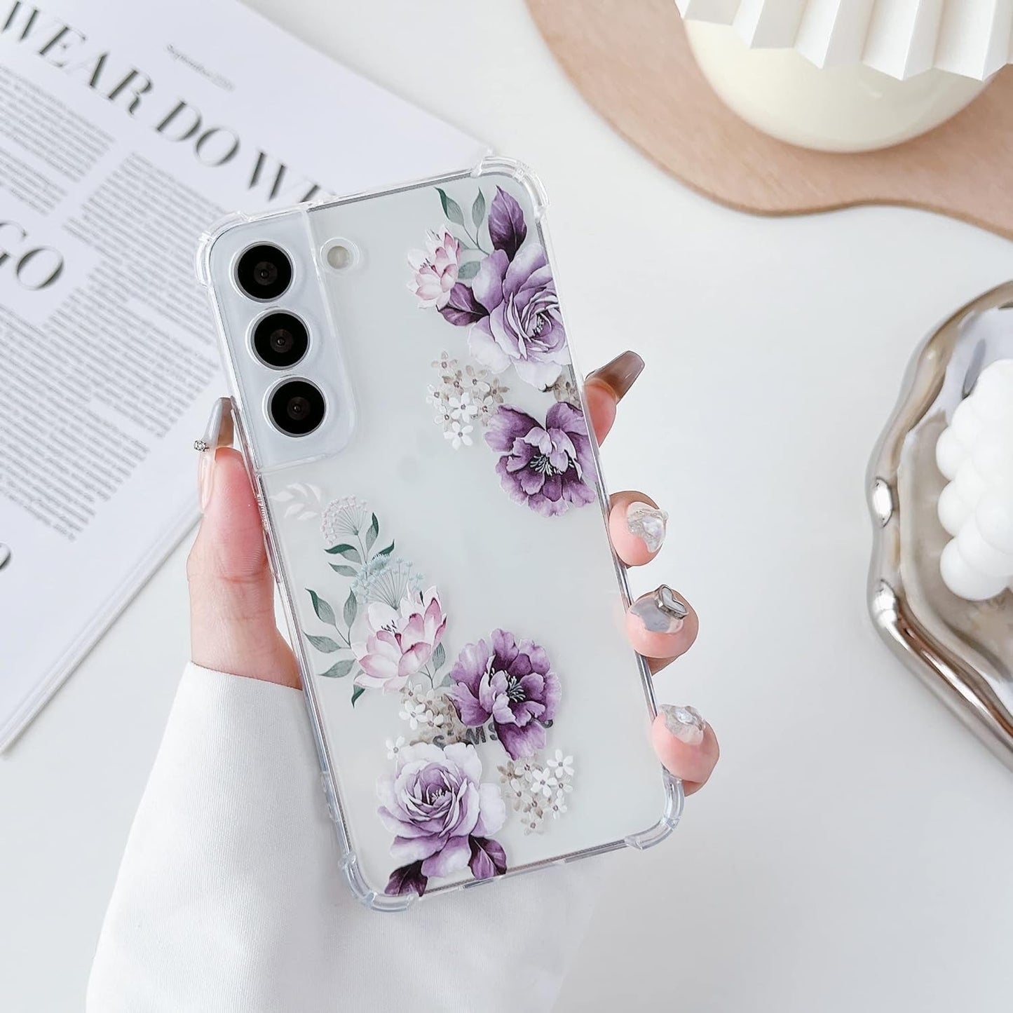 DEFBSC Soft Case Compatible with Samsung Galaxy S22, Clear Floral Flower Pattern Print Design Flexible TPU Shockproof Cover for Women Girls,Flower Protective Phone Case, Purple Peony