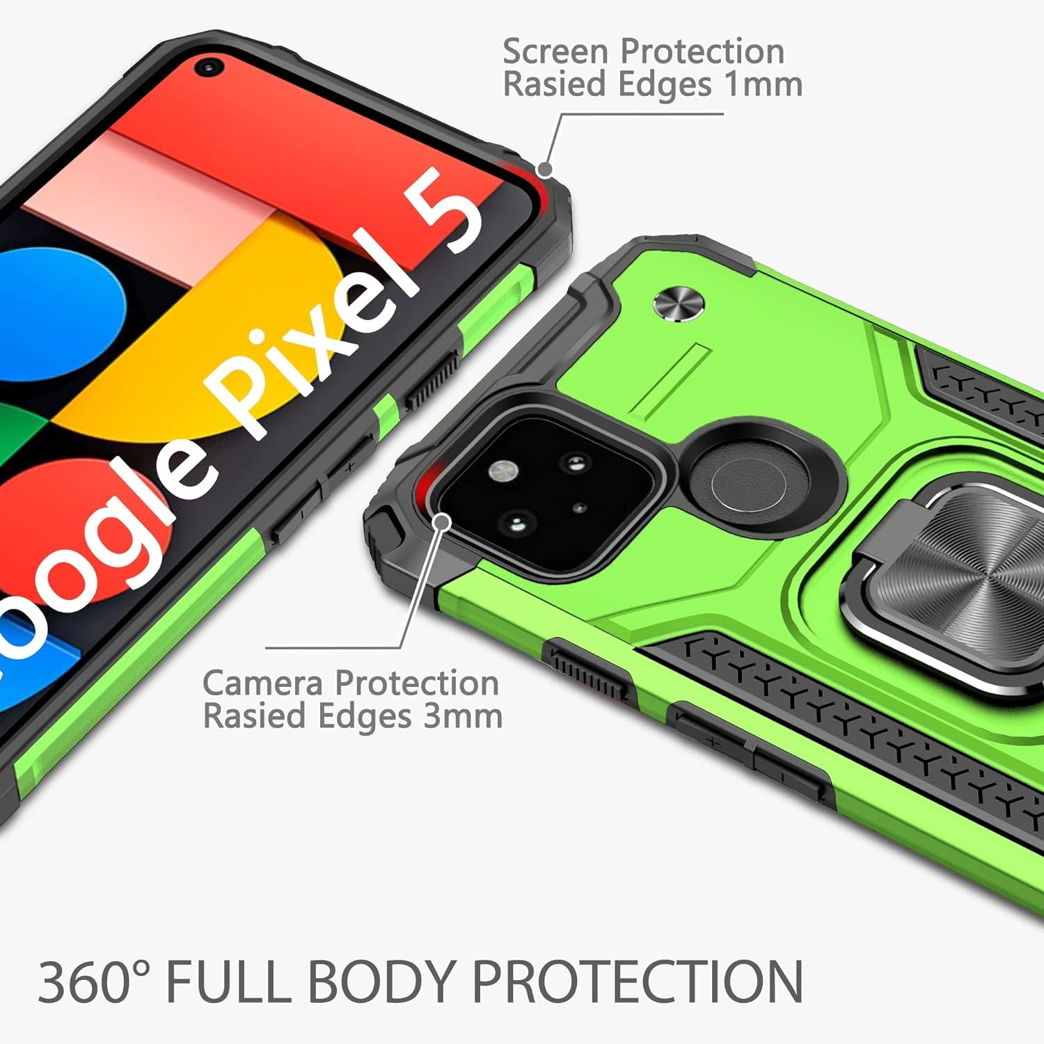 Google Pixel 5 Case Cover with [3 Pcs] Tempered Glass Screen Protector, Military-Grade Built in Magnetic Ring Kickstand Dual Layer Hybrid Shockproof Aromr Rugged Case for Google Pixel 5 - Green  ANOUKE   