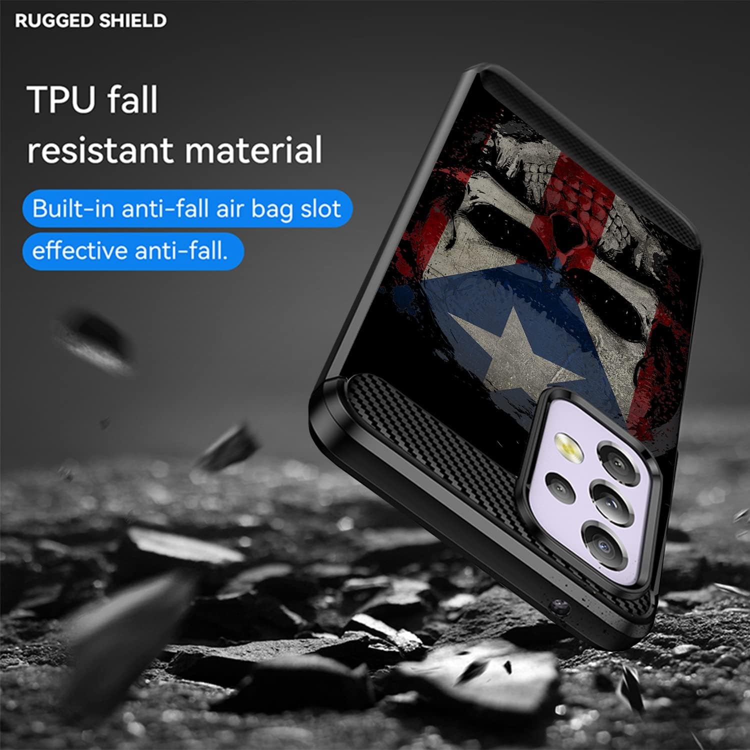 Cases on Deck Casesondeck Skull Flags Case Compatible with Samsung Galaxy A53 5G / A53 5G Case, Slim Tough Matte Design with Carbon Fiber Texture (Puerto Rico Skull)