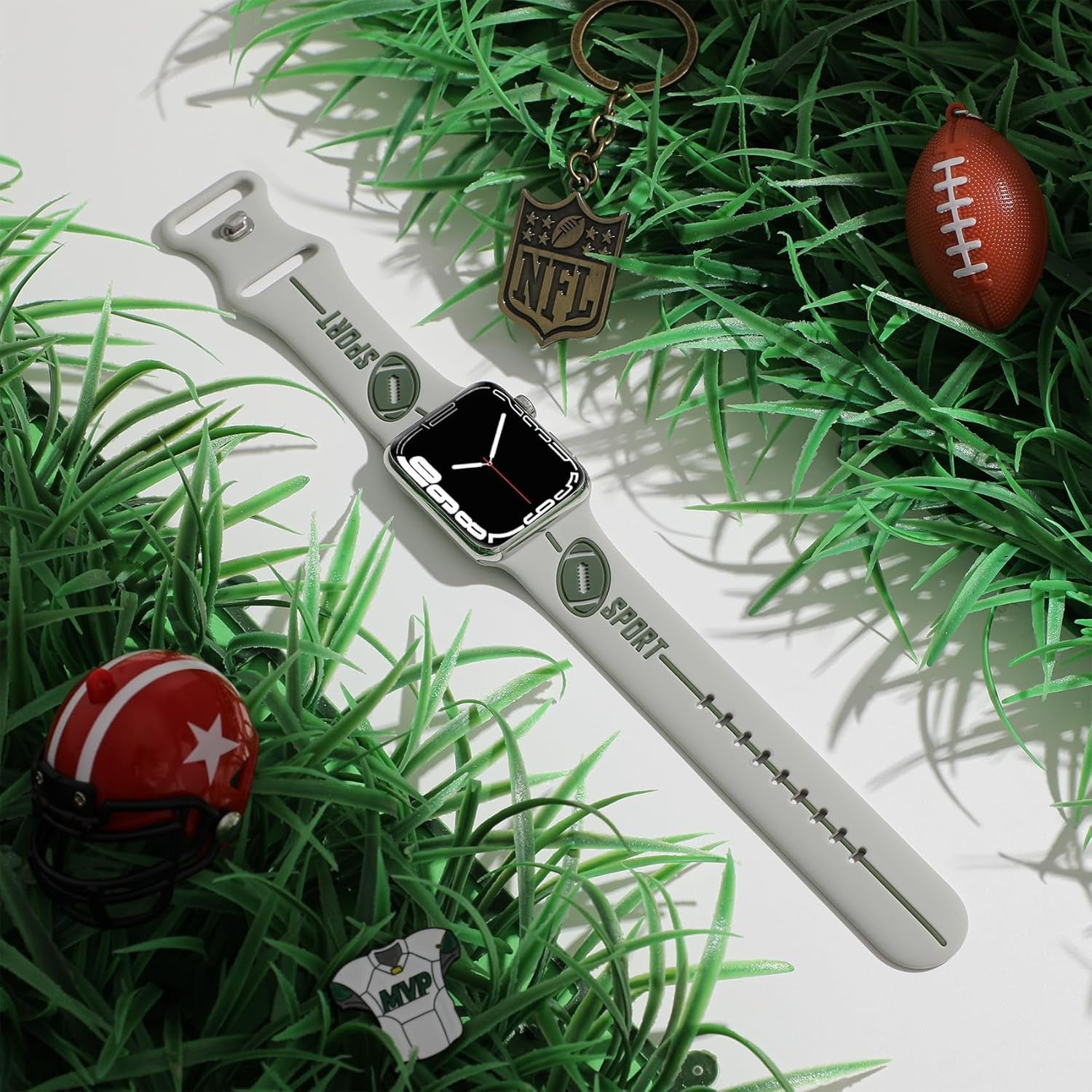 Designer Band for Apple Watch Band 38Mm 40Mm 41Mm 42Mm 44Mm 45Mm 49Mm Women Men,Silicone Waterproof Football Sport Strap for Iwatch Series 9 Ultra 8 7 6 5 4 3 2 1 SE Replacement Wristbands Grey Green