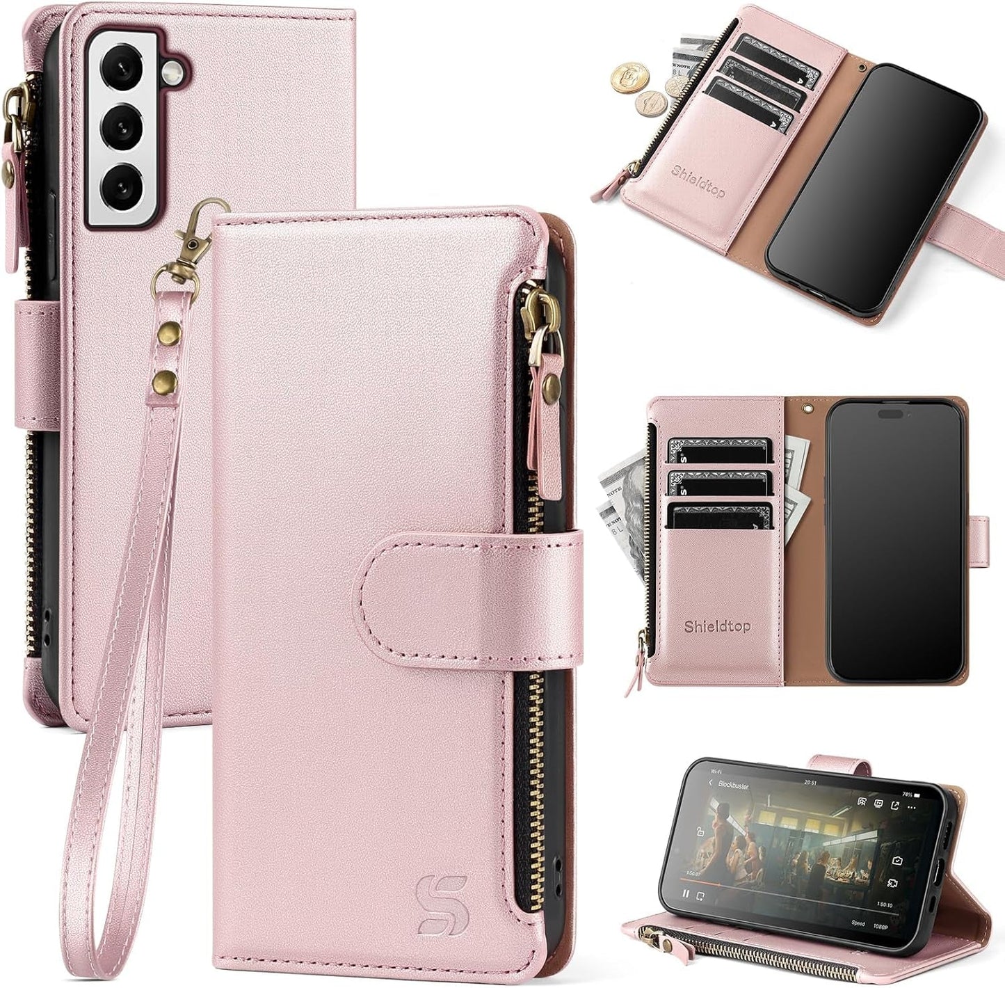 For Samsung Galaxy S22 Wallet Case,Galaxy S22 Phone Case PU Leather Flip Folio Protective Cover Wrist Strap Zipper Pocket Credit Card Slots Holder RFID Blocking,For Women Men,Blue Green