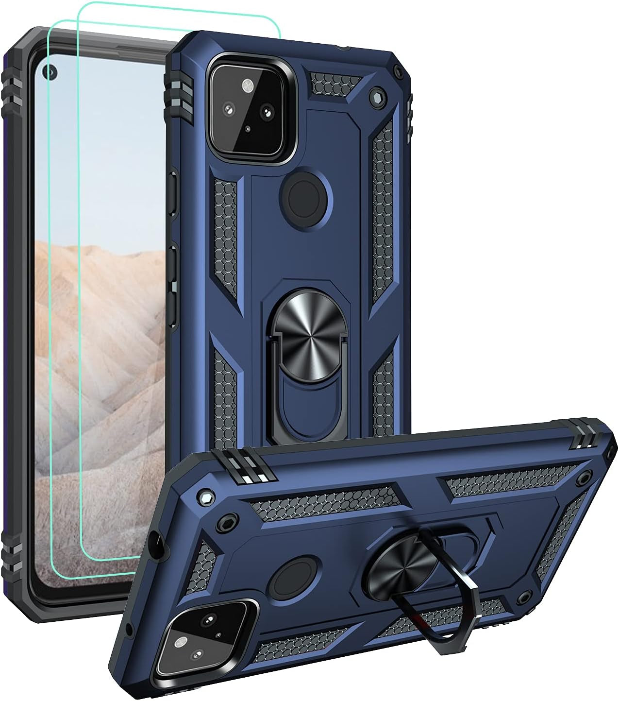 Androgate Designed for Google Pixel 5A Case with HD Screen Protectors, Military-Grade Metal Ring Holder Kickstand 15Ft Drop Tested Shockproof Cover Case for Pixel 5A 5G Red  E&M Tek Blue  