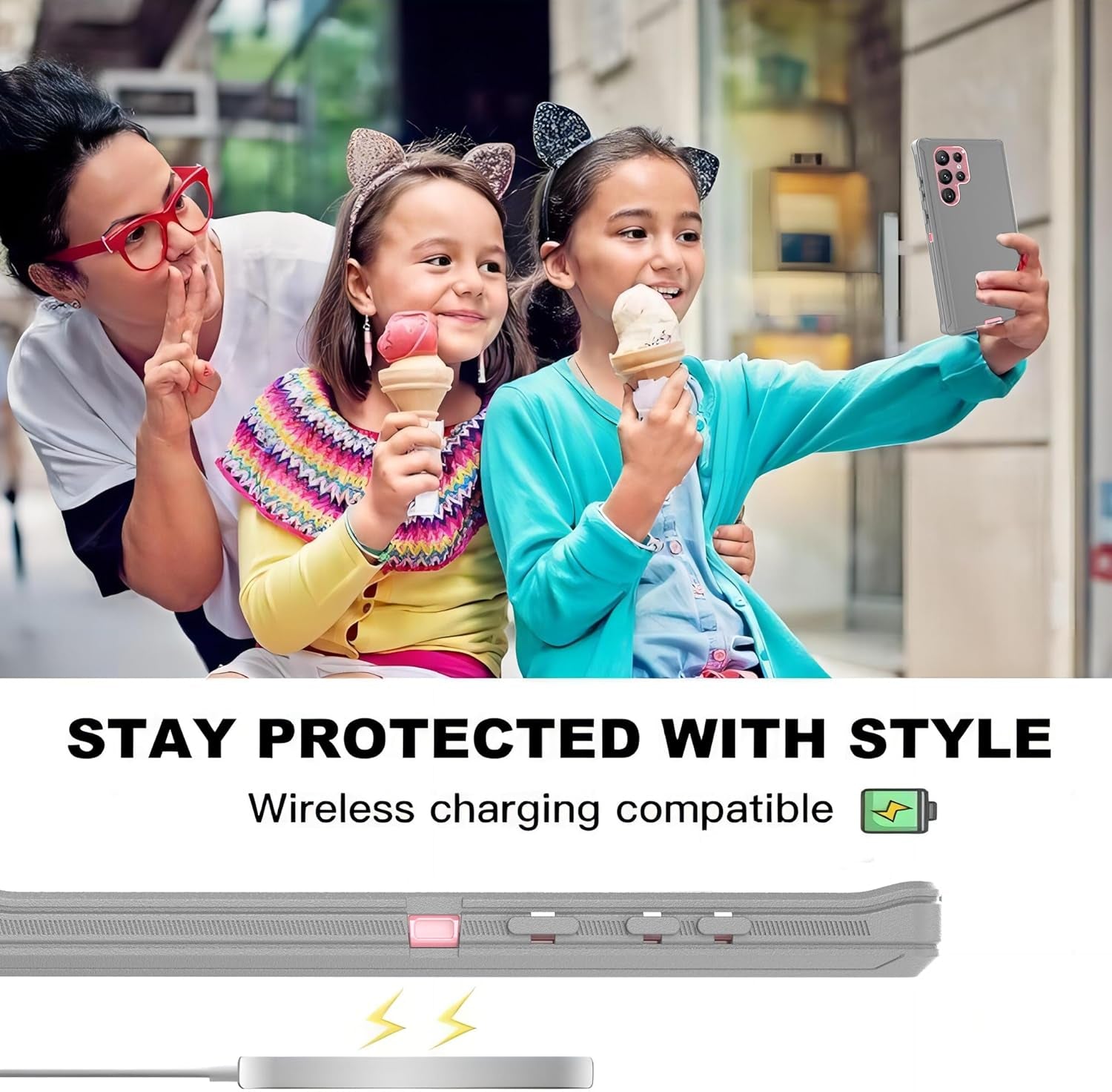 For Galaxy S22 Ultra Case with Soft TPU Film Screen Protector[2 Pack],3 in 1 Shockproof TPU Hard PC Bumper Drop-Proof Shell for Samsung Galaxy S22 Ultra Lihgt Gray/Pink