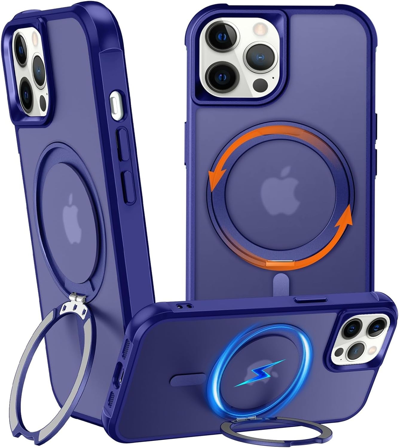 Chaofeng 360° Rotatable Stand for Iphone 15 Pro Case with Magnetic [Military Grade Drop Tested][Adjustable Kickstand] Ring Translucent Slim Hard Back Soft Edge, Purple  CHAOFEnG Blue Iphone 12 Pro Max 