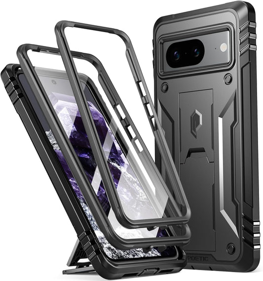 Poetic Revolution Case for Google Pixel 8 5G 6.2 Inch, [20FT Mil-Grade Drop Tested], Full-Body Rugged Shockproof Cover with Kickstand and Built-In-Screen Protector, Black  Poetic Black  