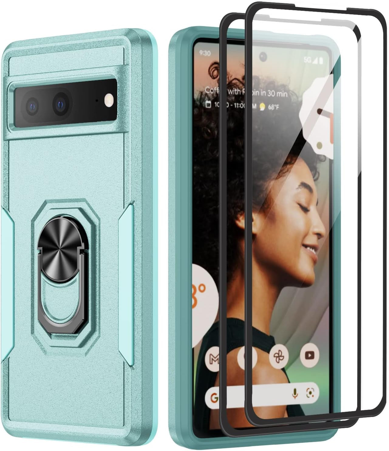 For Google Pixel 6A 5G Case with Screen Protector, Military Grade Dual Layer Heavy Duty Shockproof Full Body Protective Phone Cover, Built in Rotatable Magnetic Ring Holder for 6A (Black)  Niecase Green  