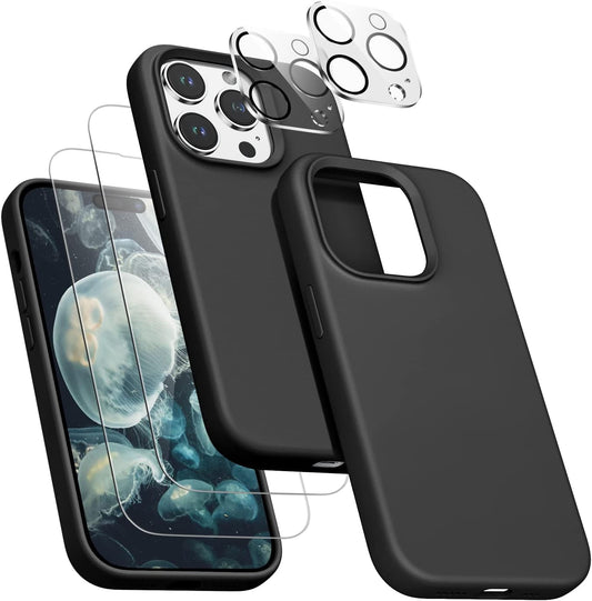 Cousper [5 in 1 Compatible with Iphone 14 Pro Case, with 2 Pack Screen Protector + 2 Pack Camera Lens Protector, Silicone Shock-Proof Phone Case [Anti-Scratch Microfiber Lining], Black  Wandera   