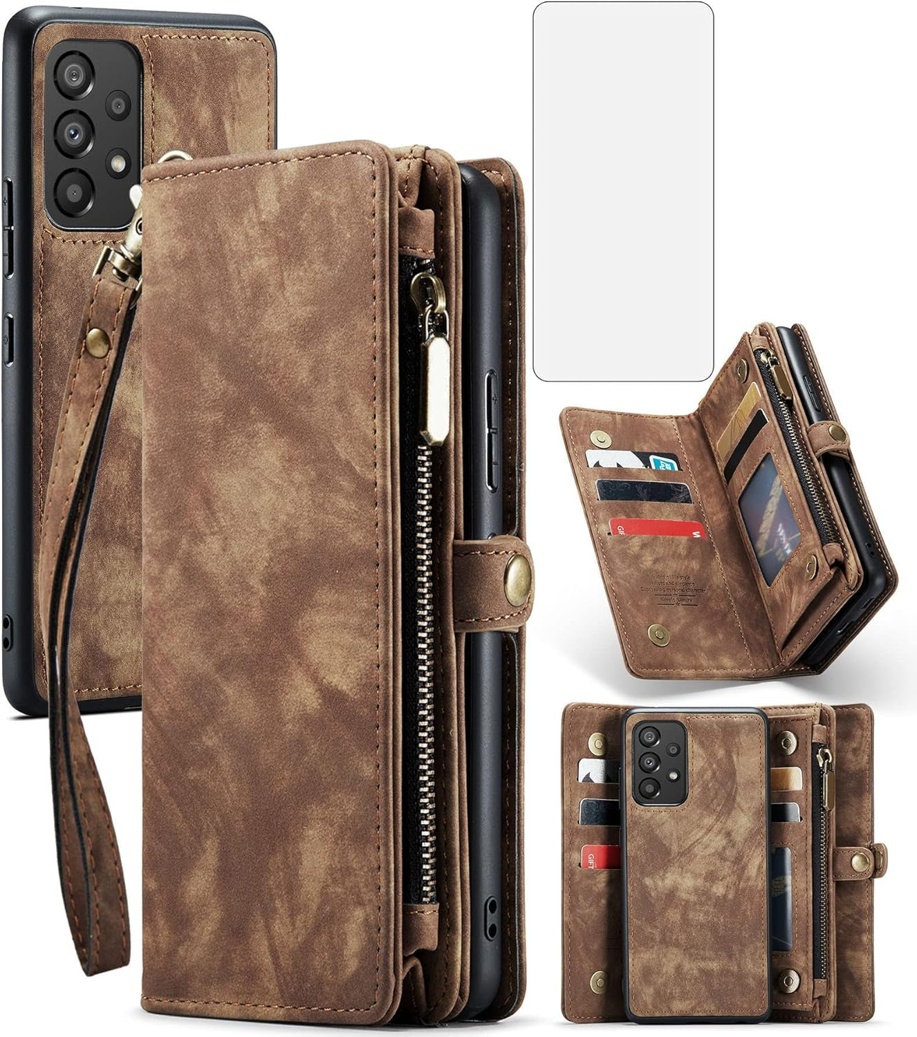 Asuwish Phone Case for Samsung Galaxy A53 5G 2022 Zipper Wallet Detachable Cover with Tempered Glass Screen Protector and Flip Card Holder Cell Accessories Gaxaly A53 G5 Galaxies 53A SM A536U Men Blue