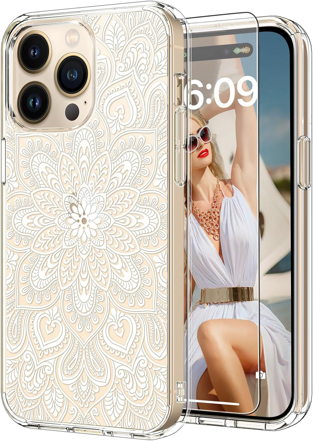 ICEDIO for Iphone 15 Pro Case with Screen Protector-Clear with Fashionable Trendy Patterns-Designed for Girls Women-Slim Fit Cover-Protective Phone Case 6.1" Cute Blooming Pink Floral  ICEDIO Blooming Henna Flower  