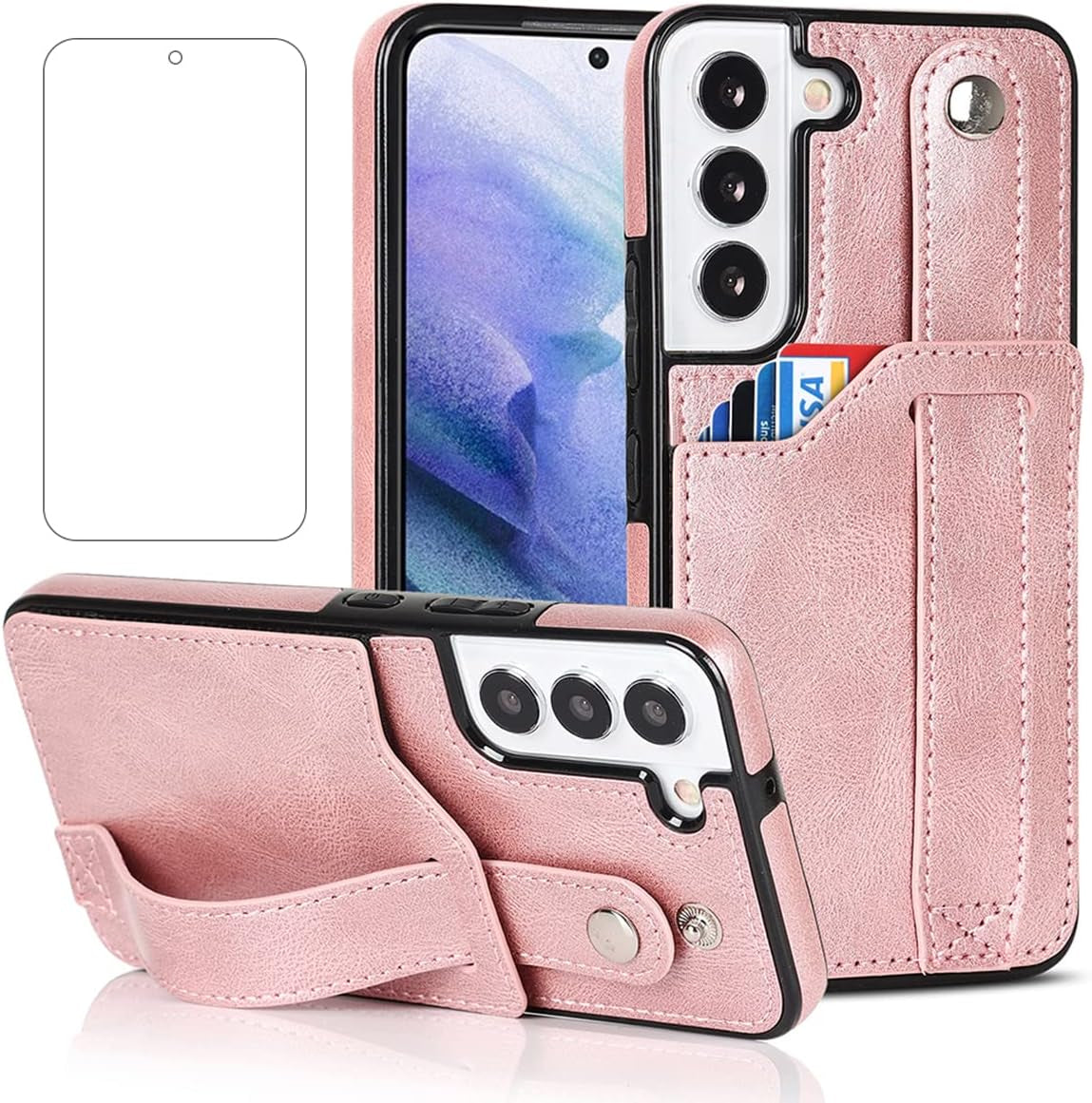 Design for Samsung Galaxy S22 plus 5G Phone Case with Screen Protector Adjustable Wrist Strap Kickstand Credit Card Slot Slim Shockproof Hybrid Rugged Protective Cover for Women 6.6" Rose Gold