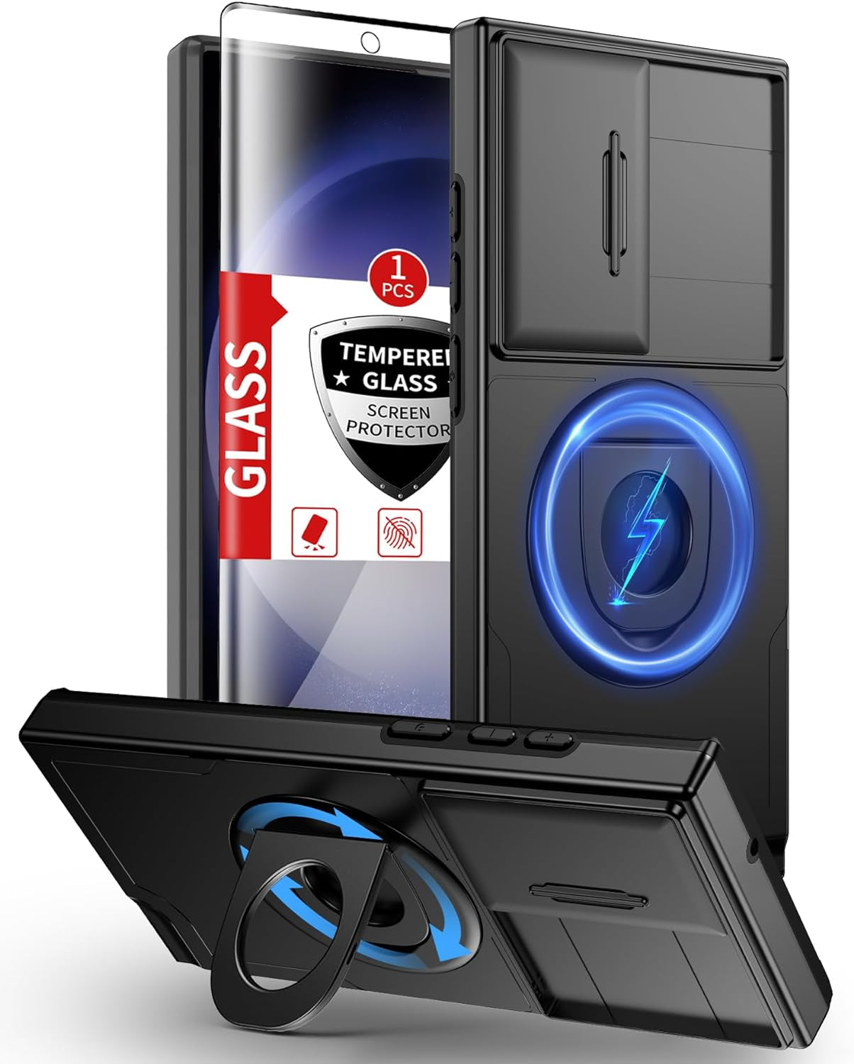 For Samsung Galaxy S22 Ultra Case & Samsung Galaxy S23 Ultra Case Compatible with Magsafe Galaxy S23Ultra Case with Screen Protector,Built-In Kickstand&Camera Cover Protection Shockproof Black