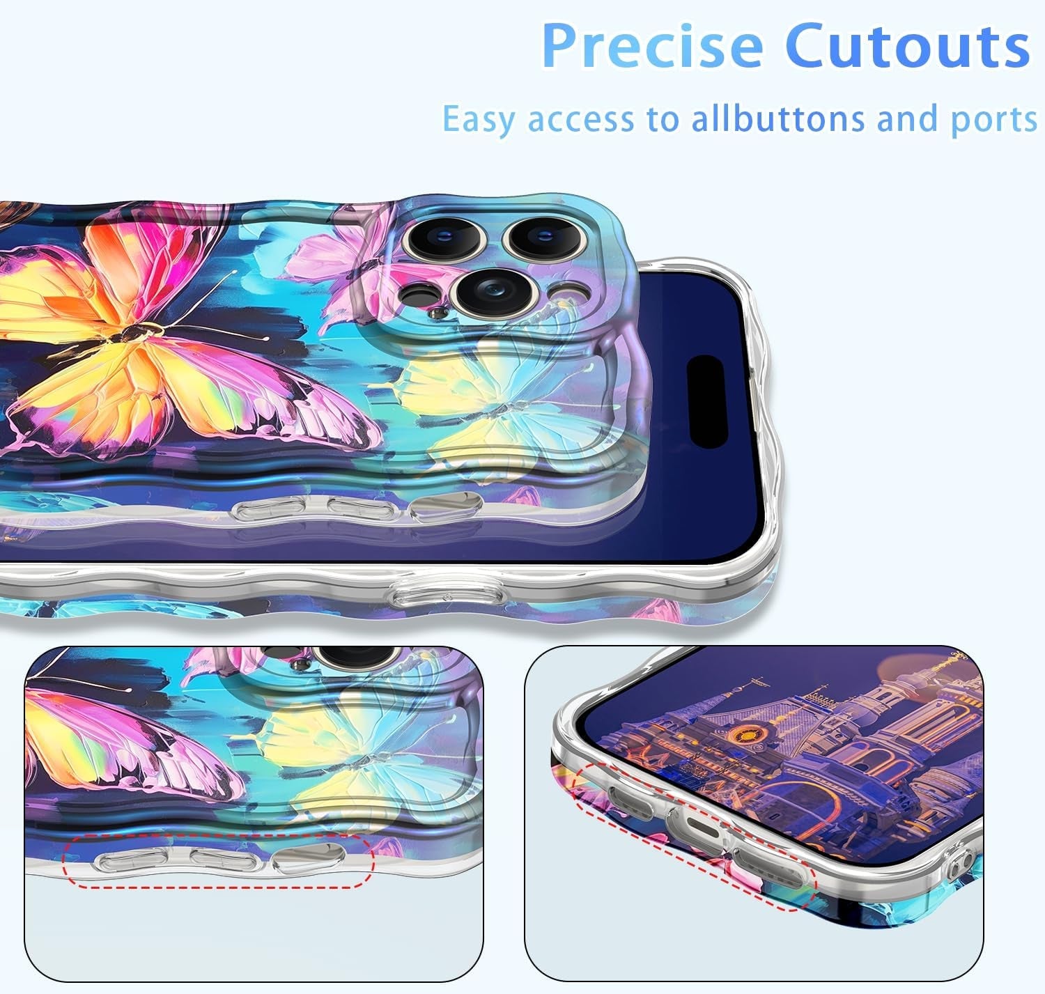 LONTECT for Iphone 14 Pro Max Case Shockproof Slim Full Body Protective Cute Curly Wave Border Camera Protection Cover+Flower Beads Chain Girls Women Case for Apple Iphone 14 Pro Max,Pink Butterfly  Lontect   