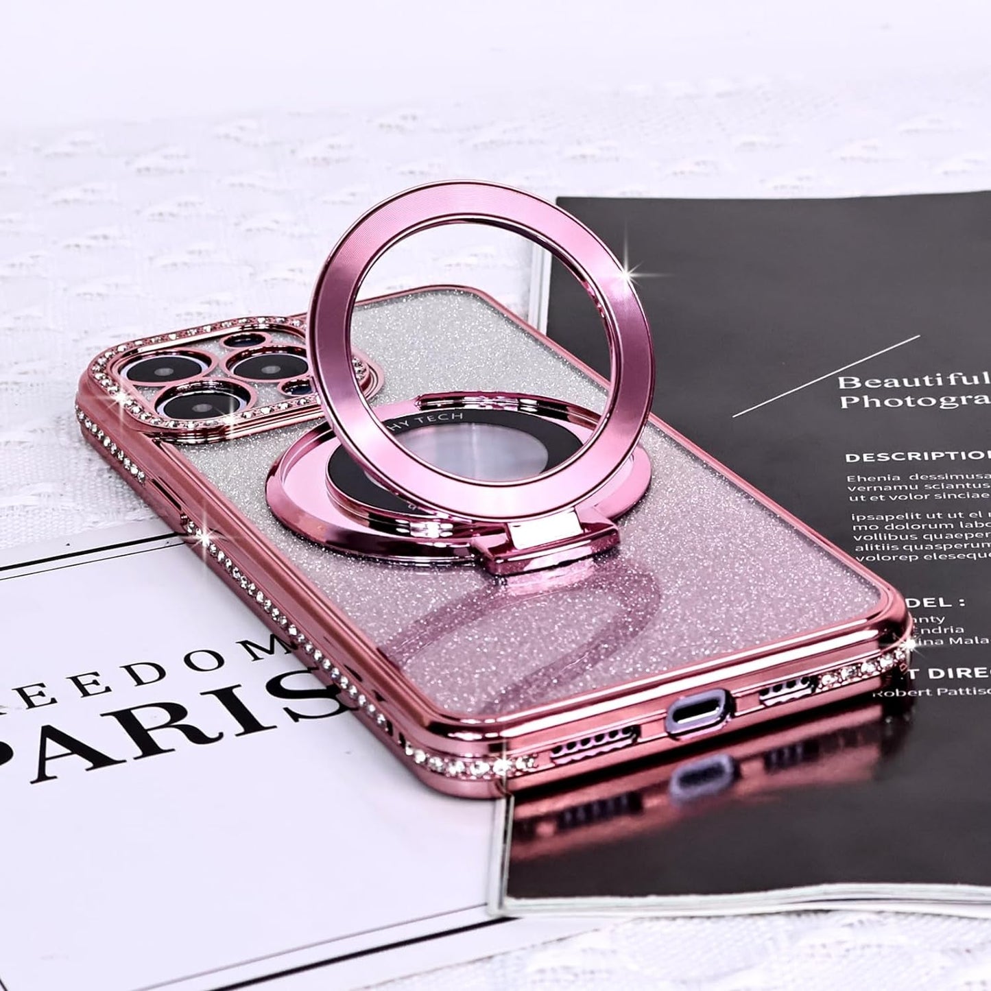 Fycyko Magnetic Case for Iphone 15 Pro Max with Holder Stand,Rhinestone Glitter Plated Bling Luxury Phone Case（Compatible with Magsafe） Shockproof Kickstand Design for Iphone 15 Pro Max-Pink  Fycyko   
