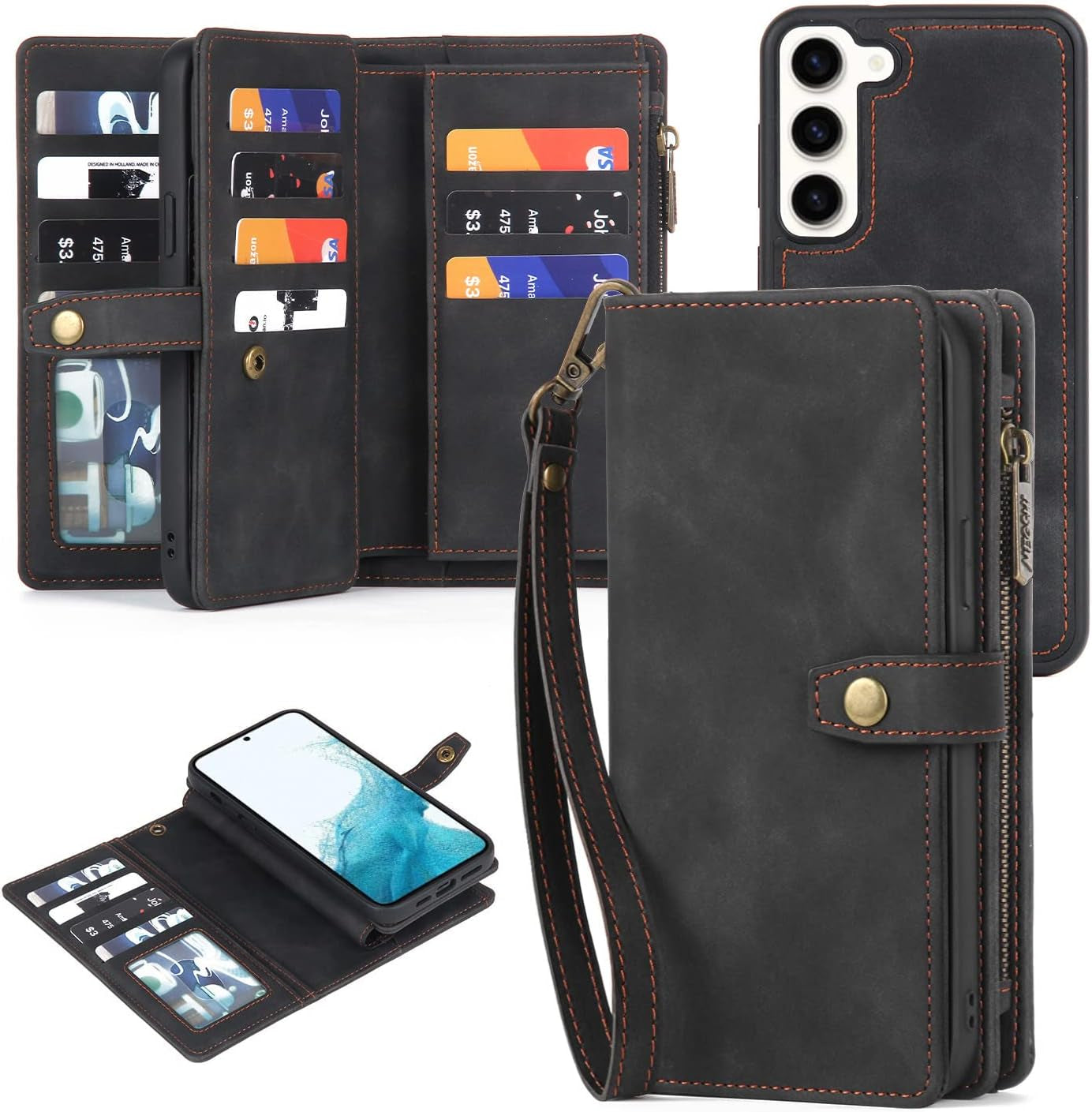 For Samsung Galaxy S22 Ultra Wallet Case with Card Holder & Detachable Magnetic Phone Case, Leather All-Round Protection Wallet Phone Case for Women Men,6.8In,Black