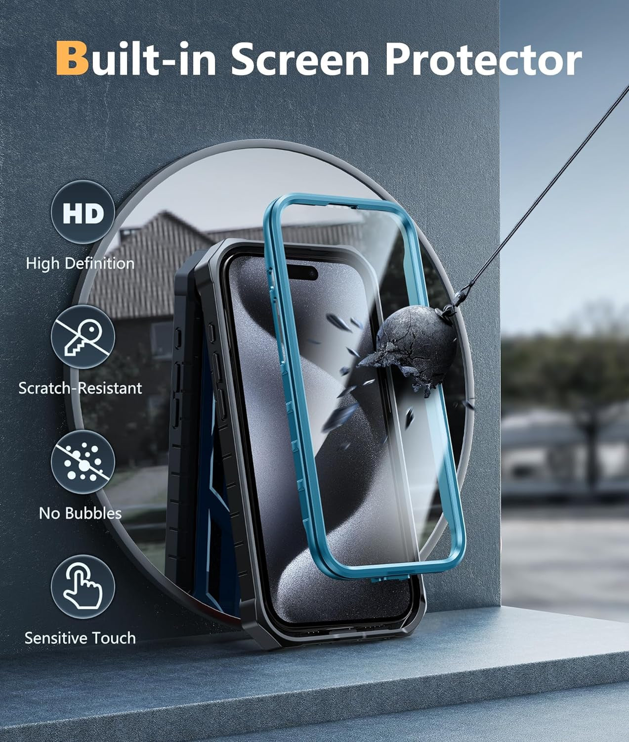 FNTCASE for Iphone 15 Pro Case: Military Grade Drop Proof Rugged Protective Cell Phone Cover with Kickstand & Built-In Protector | Matte Textured Shockproof TPU Hybrid Bumper Cases (Blue)  FNTCASE   