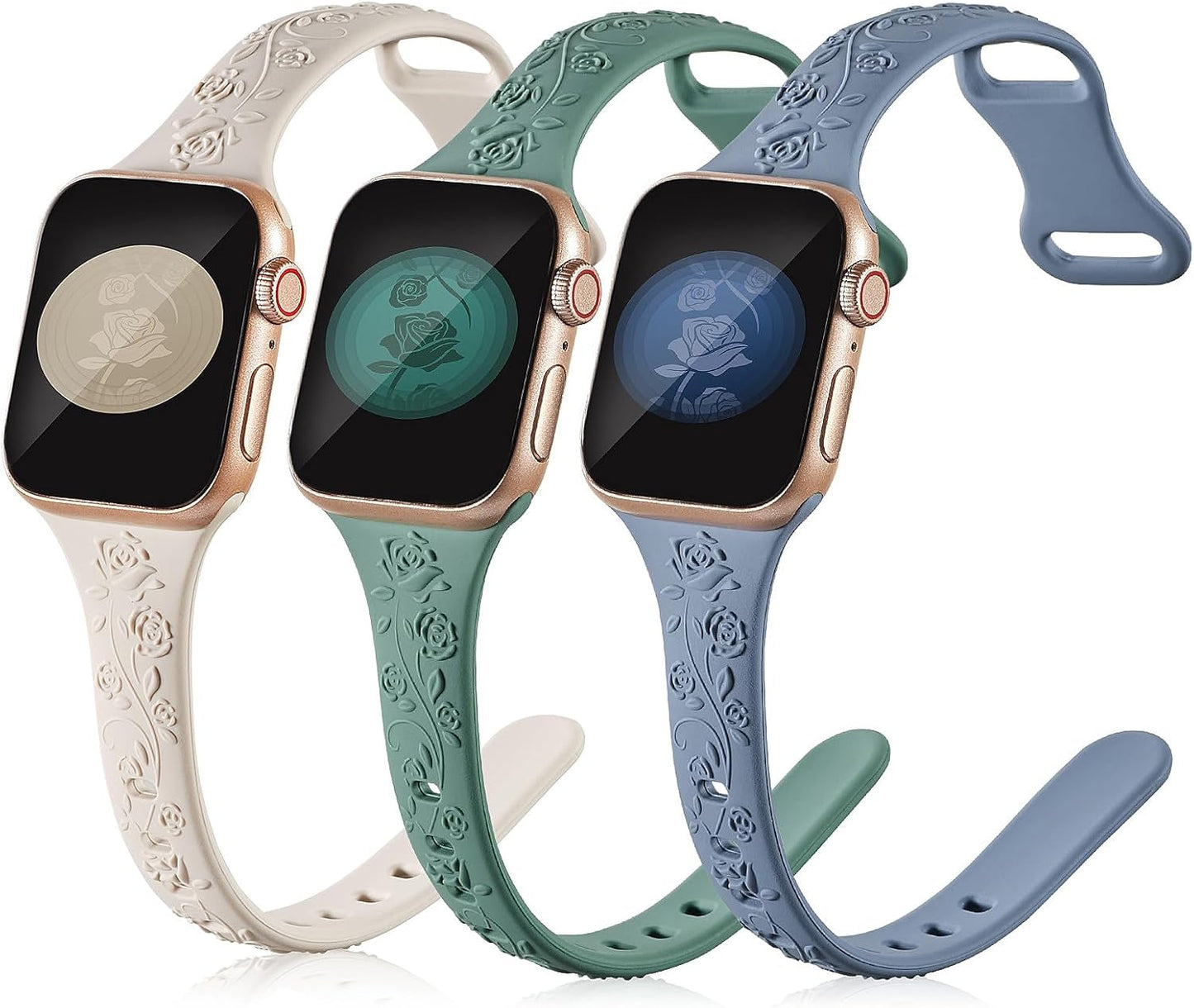 3 Pack Slim Floral Engraved Compatible with Apple Watch Bands 41/40/38/42/44/45/49Mm Women, Thin Narrow Soft Silicone Rose Embossed Sport Strap for Iwatch Series 9/8/7/6/5/4/SE/3/2/1 Ultra 2