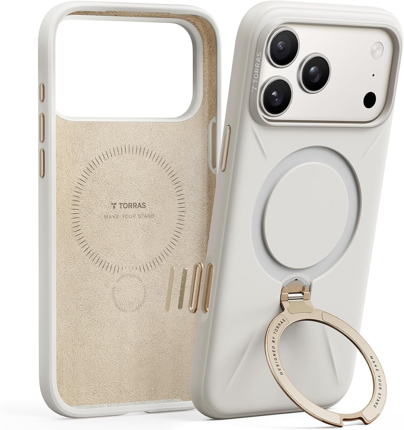 TORRAS Ostand Q3 Silicone for Iphone 17 Pro Max Case, Fit for Magsafe, 360 Spin Stand, Soft Liquid Silicone Cozy Grip, Camera Control, Protective Case for Iphone 17 Pro Max for Women, Ivory Gold