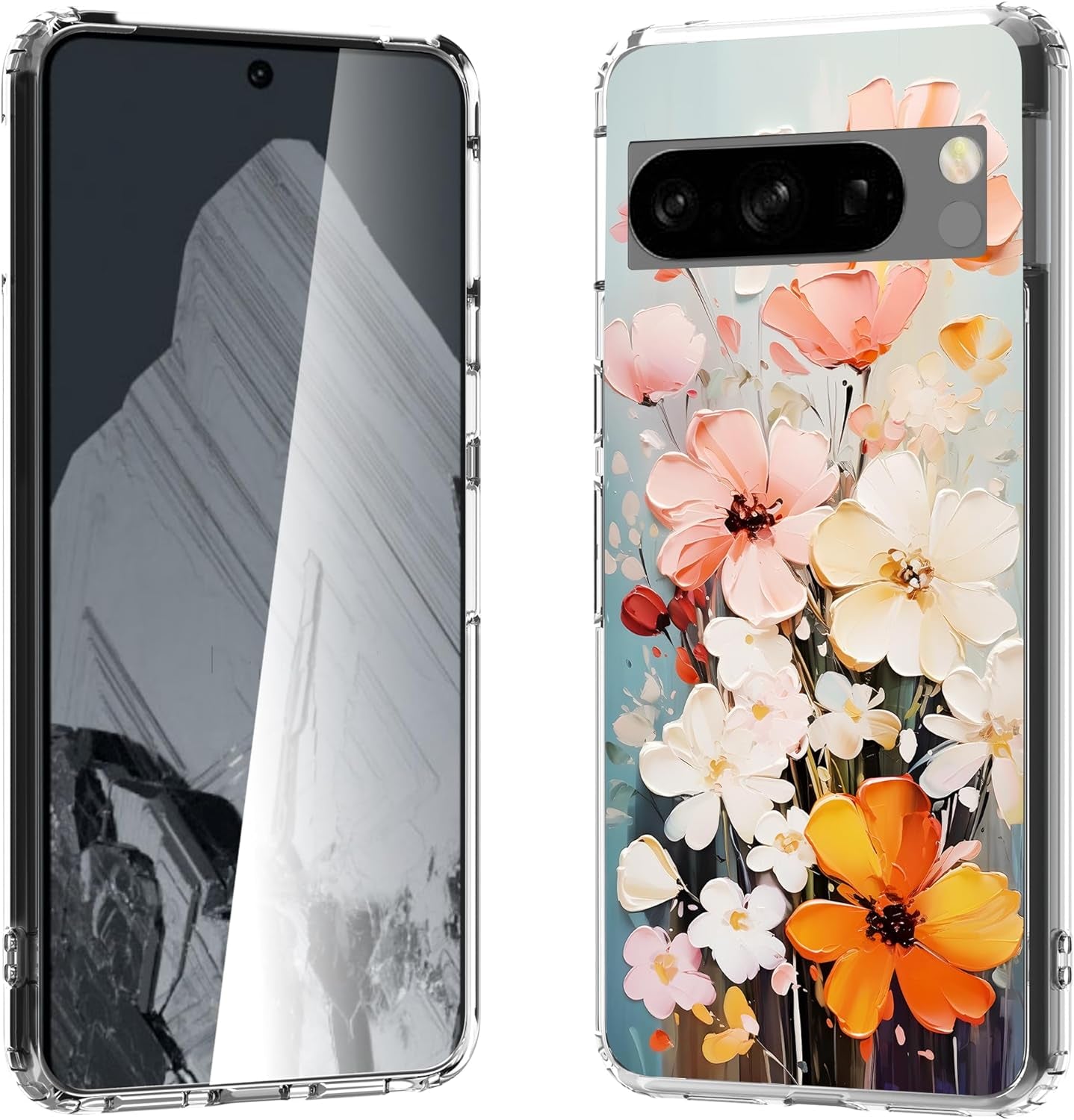 For Google Pixel 8 Clear Case with 3D Flower Printing Design, TPU+PC Slim Shock-Proof Protective Floral Cover for Women Girls, 6.2“ (Pic 5)  YIKECASE A-6 Google Pixel 8 Pro 