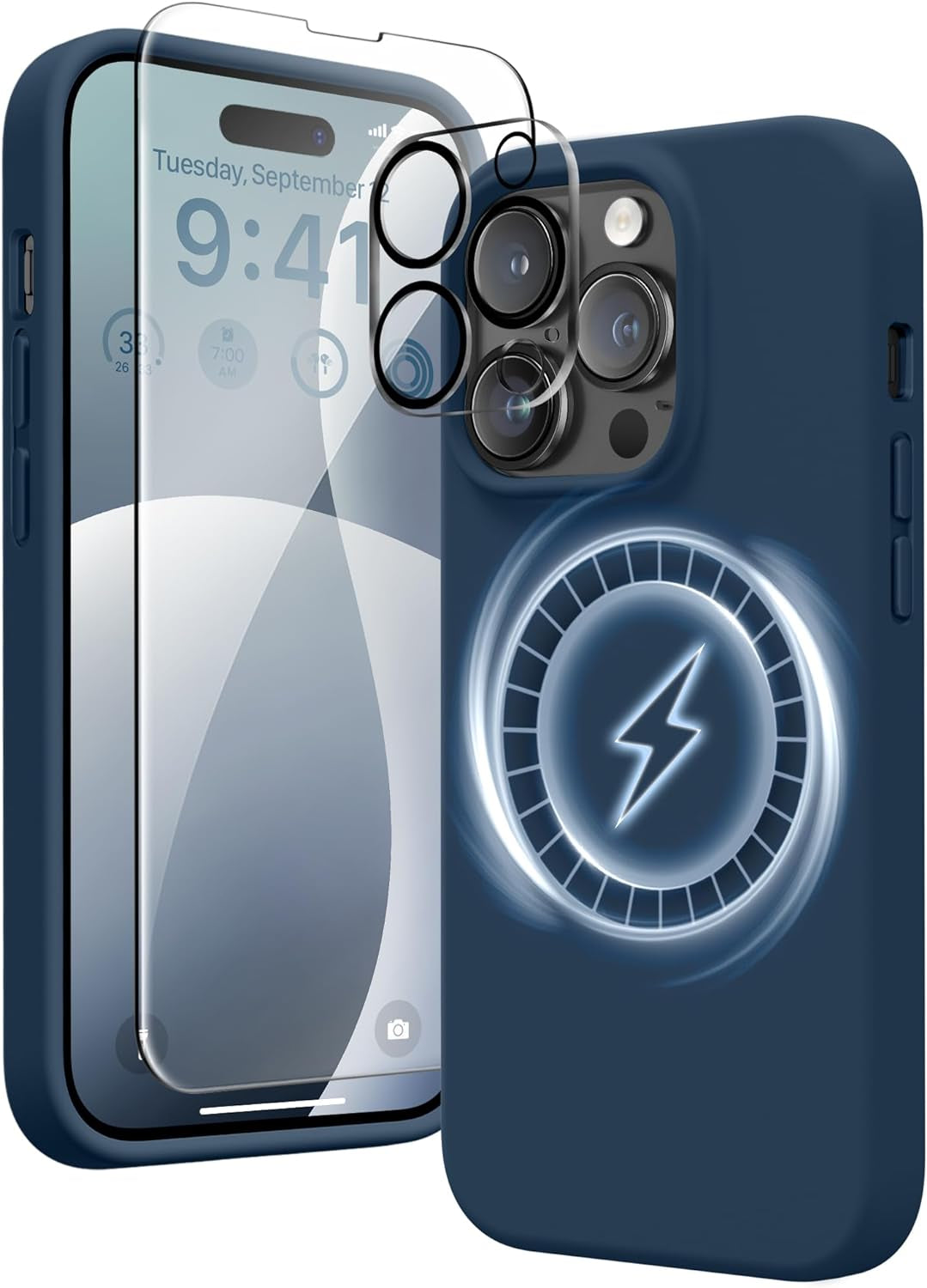 GONEZ for Iphone 14 Pro Max Case Silicone, Compatible with Magsafe, with 2X Screen Protector + 2X Camera Lens Protector, Liquid Silicone Shockproof Protective Iphone 14 Promax Case, Blue  GONEZ Dark Blue  