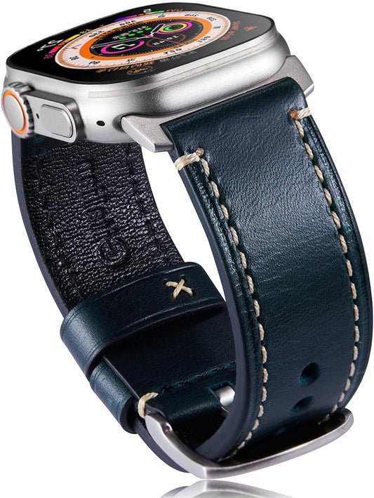 Gitalian Italian Leather Band Compatible with Apple Watch Band 49Mm 45Mm 44Mm 42Mm for Men, Genuine Leather Replacement Strap for Iwatch Ultra2/1 Series 9 8 7 6 5 SE2, Retro Blue