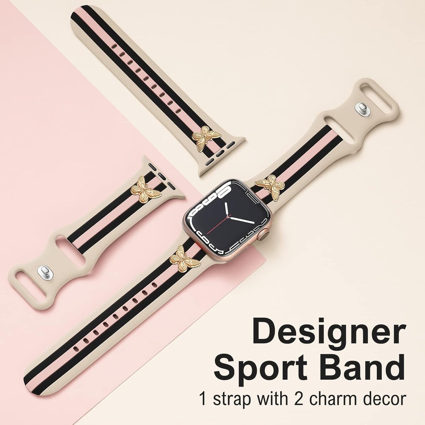 Designer Band with Charms Decor Compatible with Apple Watch Band 38Mm 40Mm 41Mm Women Men, Stylish Silicone Sport Wristbands for Iwatch Series 8 7 6 5 4 3 2 1 SE Ultra