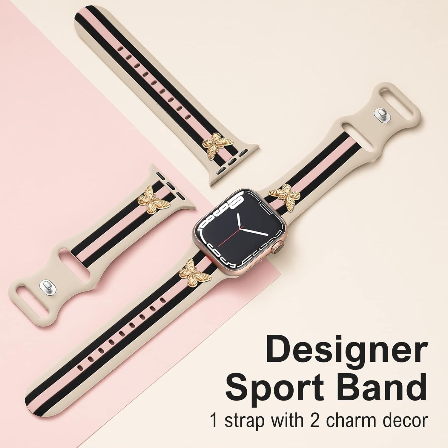Designer Band with Charms Decor Compatible with Apple Watch Band 38Mm 40Mm 41Mm Women Men, Stylish Silicone Sport Wristbands for Iwatch Series 8 7 6 5 4 3 2 1 SE Ultra