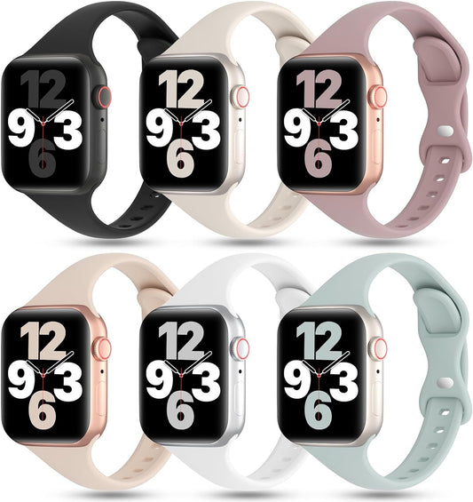 6 Pack Thin Bands Compatible with Apple Watch Band 38Mm 40Mm 41Mm 42Mm 44Mm 45Mm 49Mm Women Men, Sports Silicone Narrow Strap Slim Wristband for Iwatch Series 9 8 SE 7 6 5 4 3 2 1 Ultra