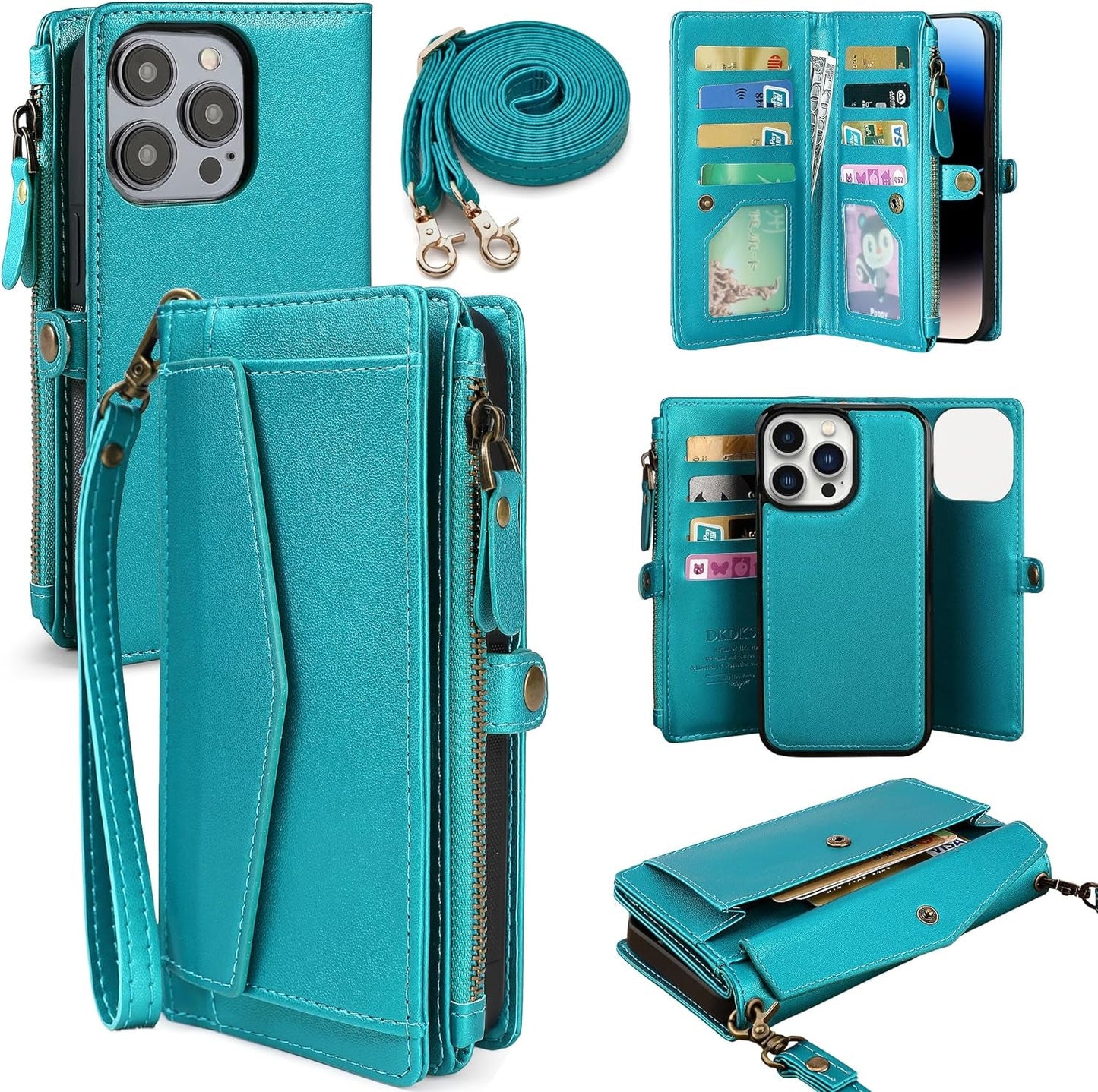 DKDKSIP for Iphone 15 Pro Wallet Case for Women, Support Wireless Charging with RFID Blocking Card Holder, PU Leather Zipper Wallet Detachable Magnetic Phone Case with Crossbody Strap, Pink  DKDKSIP Blue Green Iphone 15 Pro 