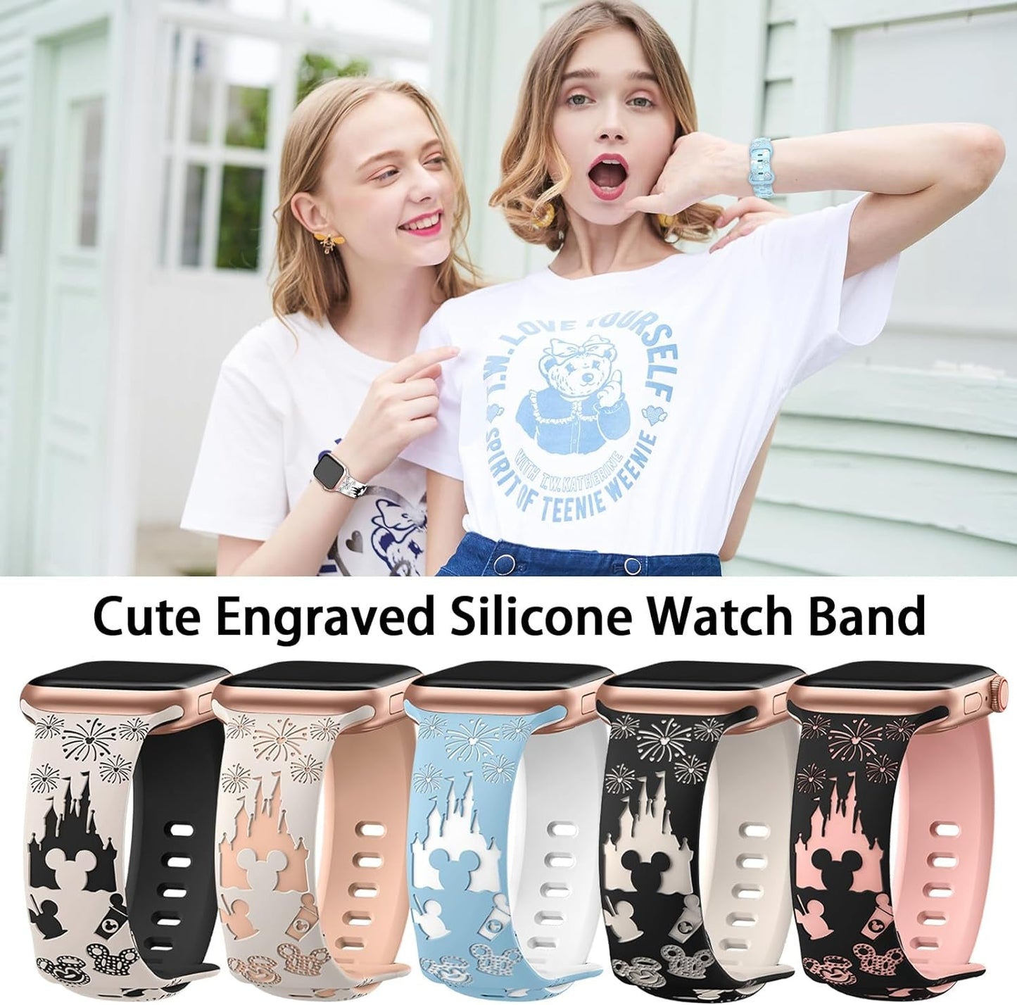 Cartoon Engraved Band Compatible with Apple Watch Bands 40Mm 38Mm 44Mm 45Mm 41Mm 42Mm 49Mm Women, Two-Tone Cute Soft Silicone Sport Strap for Iwatch Series 9/8/SE/7/6/5/4/3/2/1