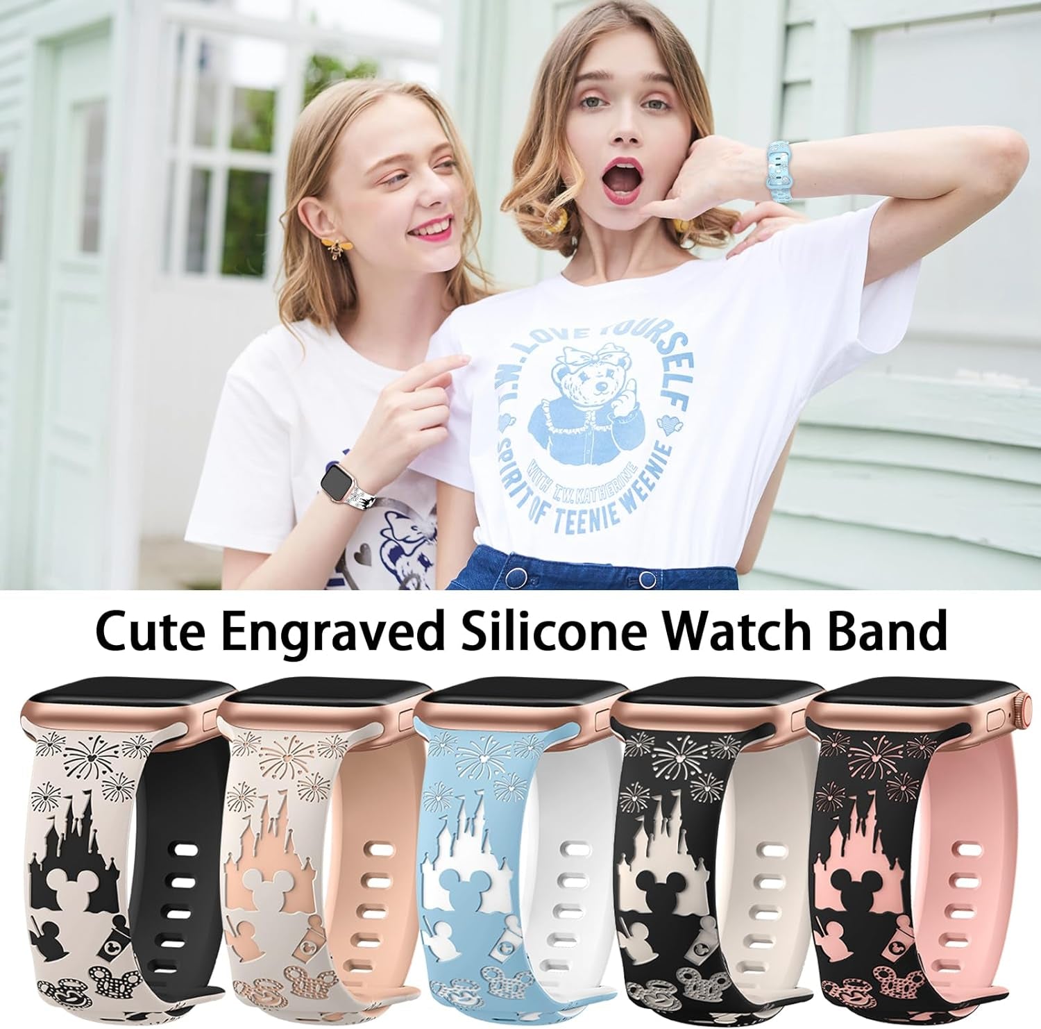 Cartoon Engraved Band Compatible with Apple Watch Bands 40Mm 38Mm 44Mm 45Mm 41Mm 42Mm 49Mm Women, Two-Tone Cute Soft Silicone Sport Strap for Iwatch Series 9/8/SE/7/6/5/4/3/2/1