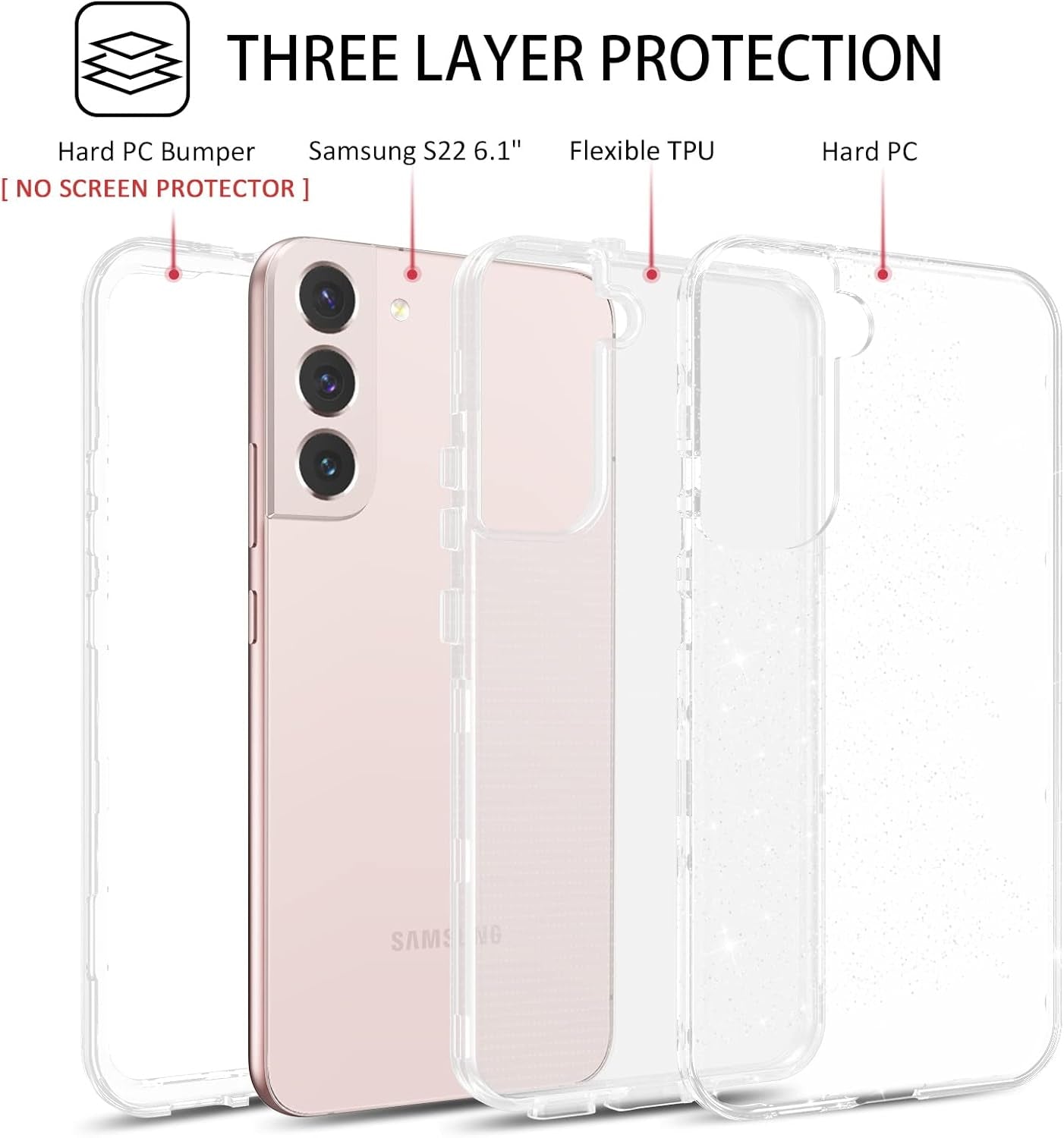 DUEDUE for Samsung Galaxy S22 6.1" 5G Case Glitter Full Body Protective 3 in 1 Heavy Duty Hybrid Hard PC Rugged Shockproof Women Girls Transparent Bling Sparkle Cover Phone Case for Samsung S22, Clear