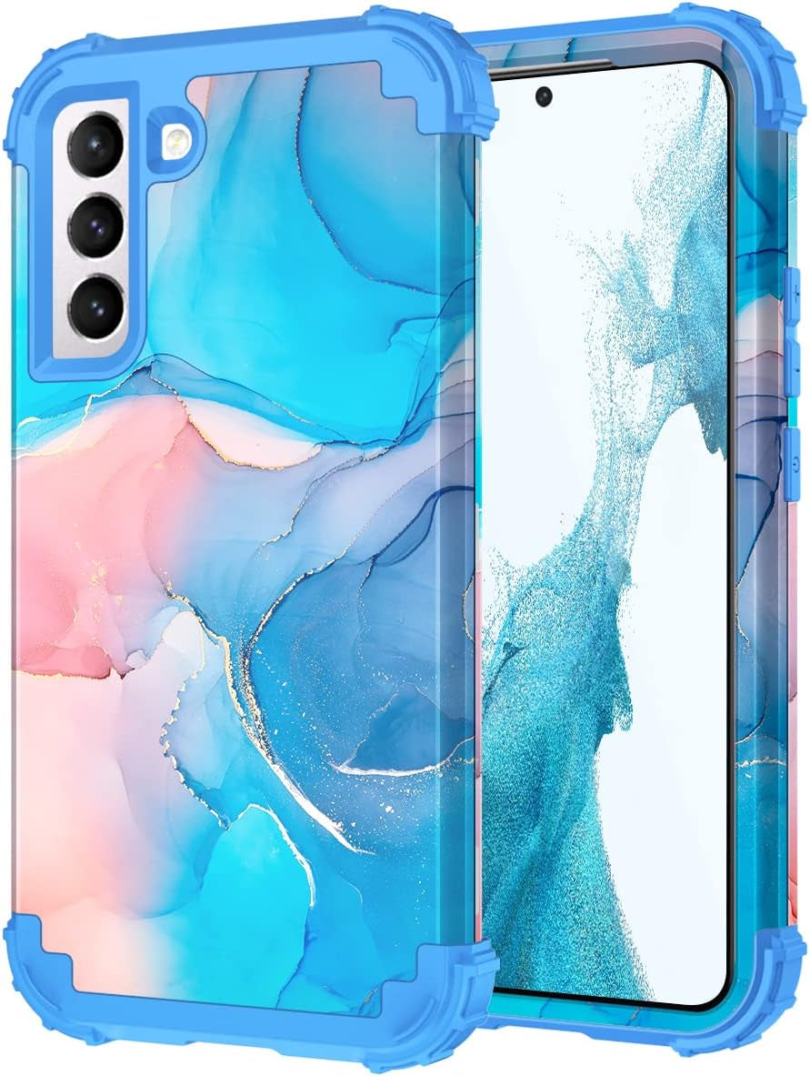 Fingic Galaxy S22 Case,Samsung Galaxy S22 Case Marble 3 in 1 Heavy Duty Protection Hybrid Hard PC Soft Silicone Rugged Bumper Case for Women Men Non-Slip Slim Phone Case for Samsung Galaxy S22,Blue