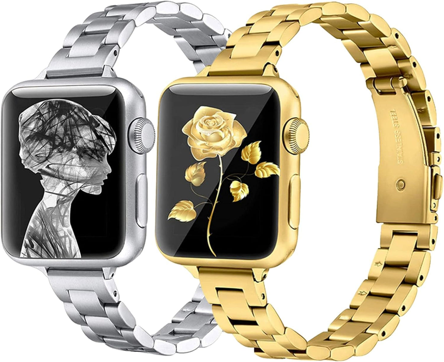 2 Pack Stainless Steel Bands,Compatible with Apple Watch 38Mm 40Mm 41Mm 42Mm 44Mm 45Mm 49Mm Women Jewelry Replacement Metal Strap for Iwatch Series 9 8 7 6 5 4 3 2 1 SE