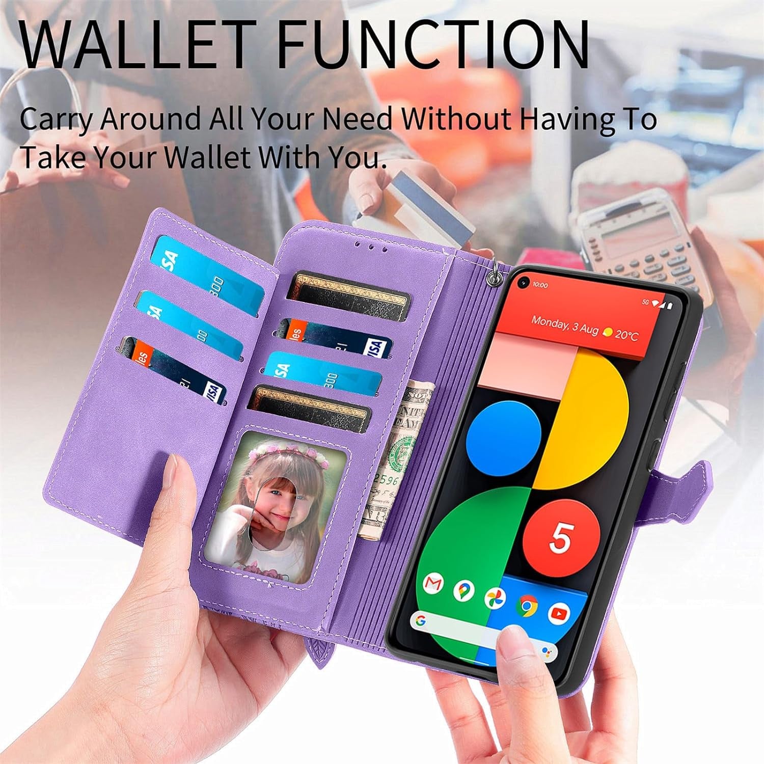 Compatible with Google Pixel 5 Wallet Case with Wrist Strap Lanyard PU Leather Flip Folio Case Card Holder Stand Cell Accessories Phone Cover for Pixel5 5G Pixle Five G5 Women Purple  Furiet   