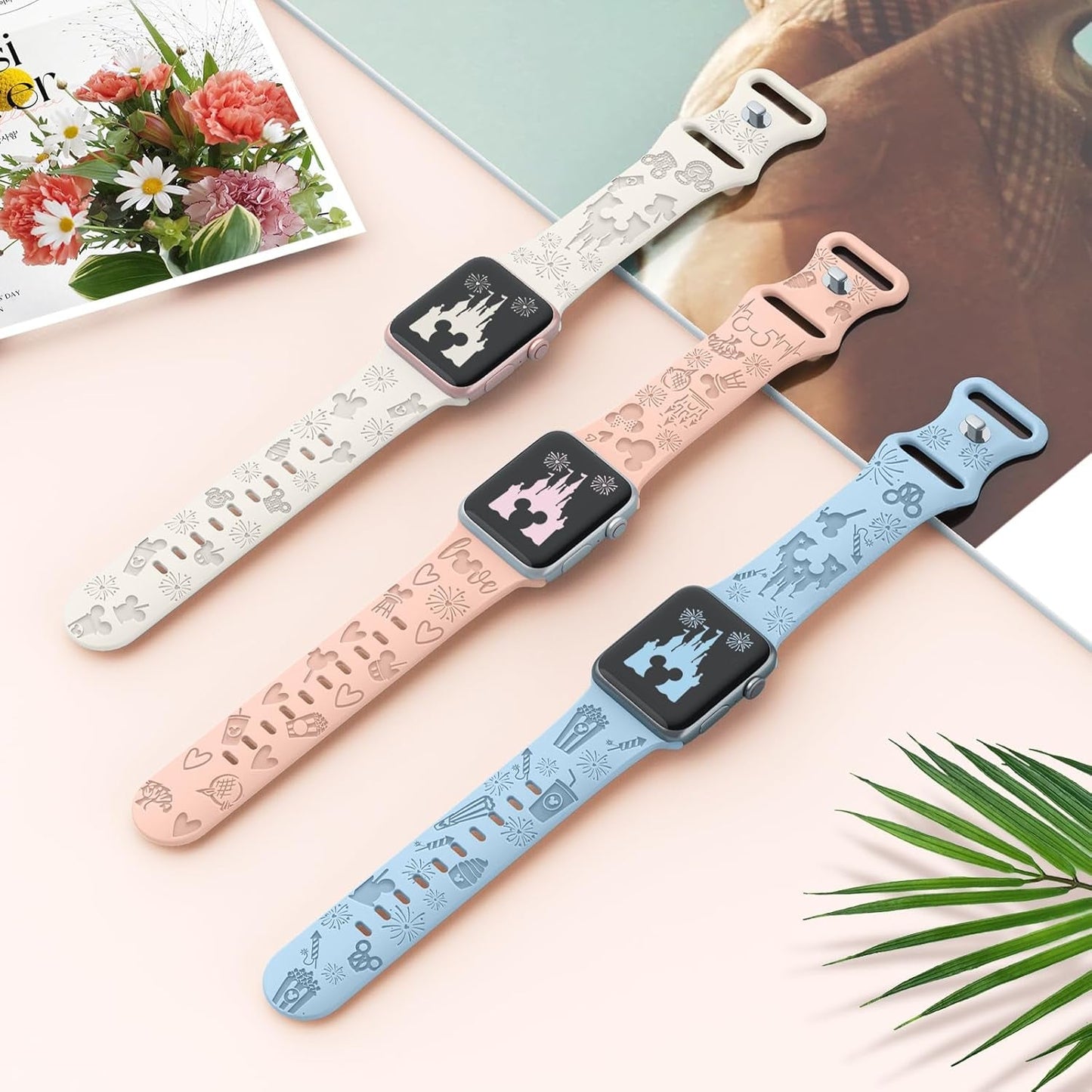 3 Pack Cartoon Engraved Band Compatible with Apple Watch Bands 40Mm 44Mm 41Mm 38Mm 45Mm 42Mm 49Mm Women,Cute Pattern Strap Soft Silicone Wristbands for Iwatch Series 8 7 6 SE 5 4 3 2 1 Ultra