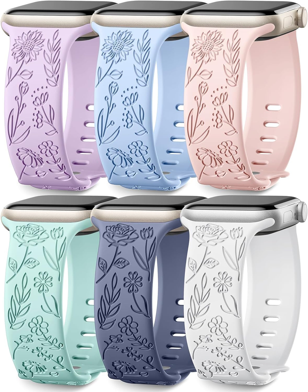 6 Pack Floral Engraved Bands Compatible with Apple Watch Band 44Mm 40Mm 38Mm 41Mm 45Mm 49Mm 42Mm Women, Soft Silicone Cute Flower Pattern Sport Strap for Iwatch Bands Series Ultra Ultra 2 SE 9 8 7 6 5 4 3 2 1