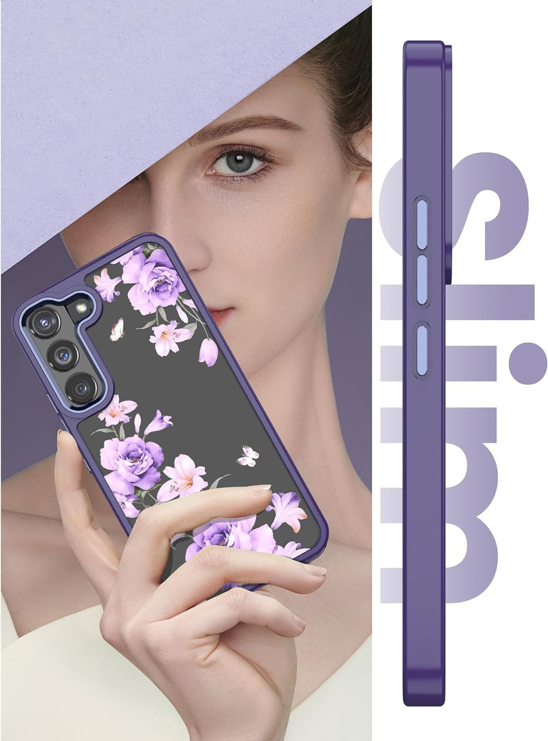 Dretal for Samsung Galaxy S22 5G Case Floral, Military Grade Drop Tested Hard Back & Soft Edge Slim Flower Women Girls Phone Protective Cover + Tempered Glass Screen Protector (Deep Purple)
