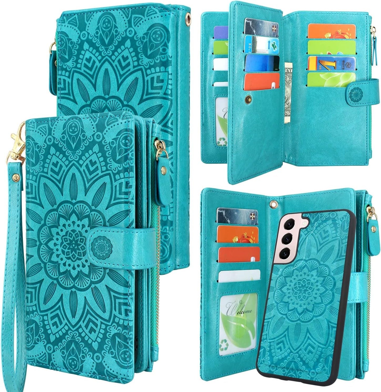 Harryshell Detachable Magnetic Zipper Wallet Leather Case with Cash Coin Pocket 12 Card Slots Holder Wrist Strap Lanyard for Samsung Galaxy S22+ S22 plus 5G 6.6 Inch (2022) Flower (Rose Gold)