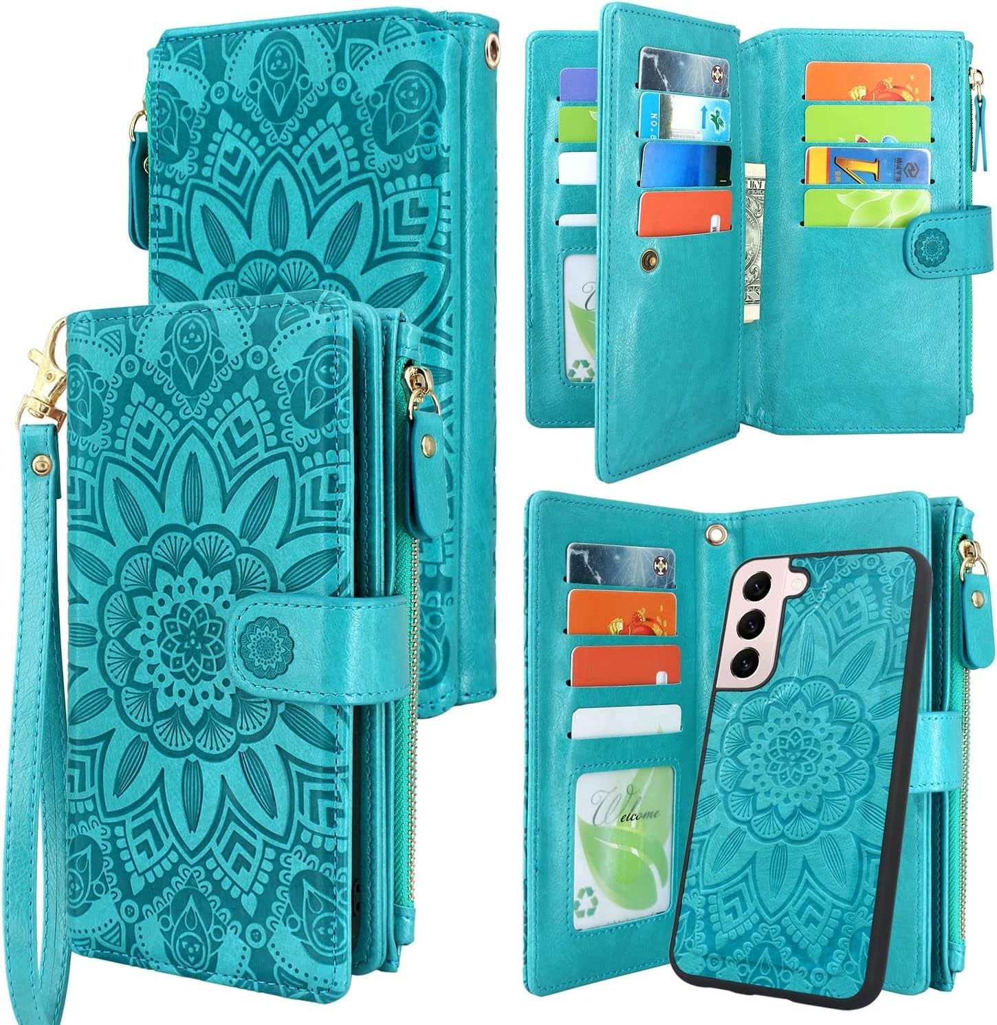 Harryshell Detachable Magnetic Zipper Wallet Leather Case with Cash Coin Pocket 12 Card Slots Holder Wrist Strap Lanyard for Samsung Galaxy S22+ S22 plus 5G 6.6 Inch (2022) Flower (Rose Gold)