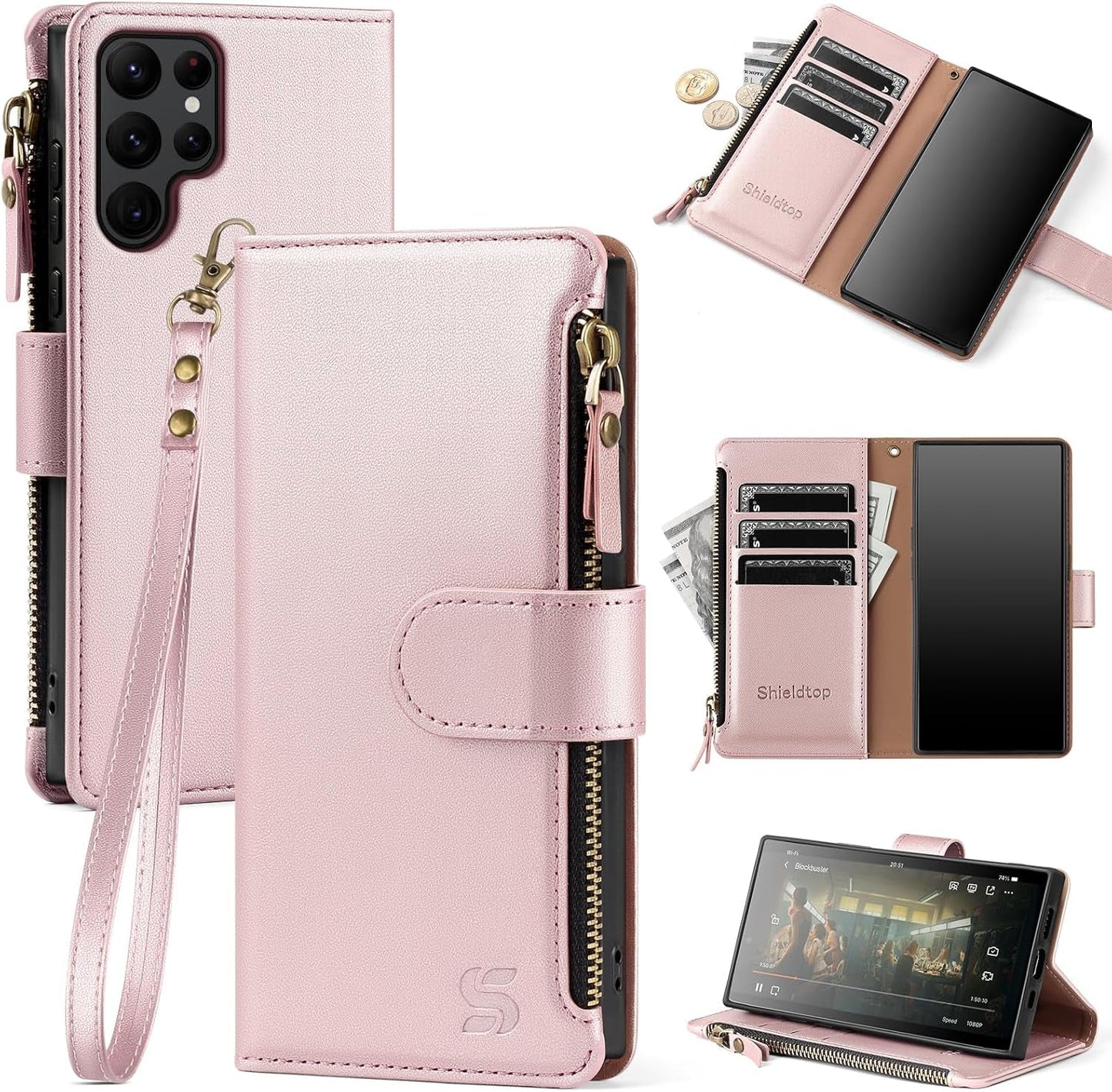 For Samsung Galaxy S22 Ultra 5G Wallet Case,Galaxy S22 Ultra Phone Case PU Leather Flip Folio Protective Cover Zipper Pocket Credit Card Slots Holder RFID Blocking,For Women Men,Wine Red