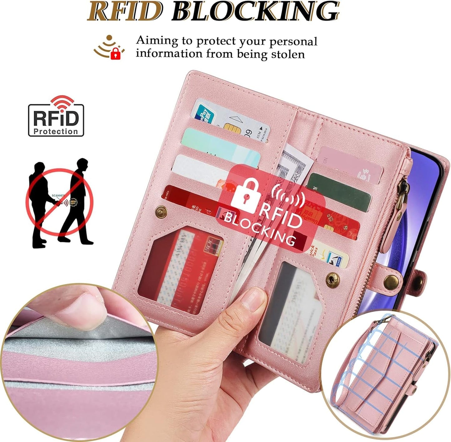 DKDKSIP for Iphone 15 Pro Wallet Case for Women, Support Wireless Charging with RFID Blocking Card Holder, PU Leather Zipper Wallet Detachable Magnetic Phone Case with Crossbody Strap, Pink  DKDKSIP   