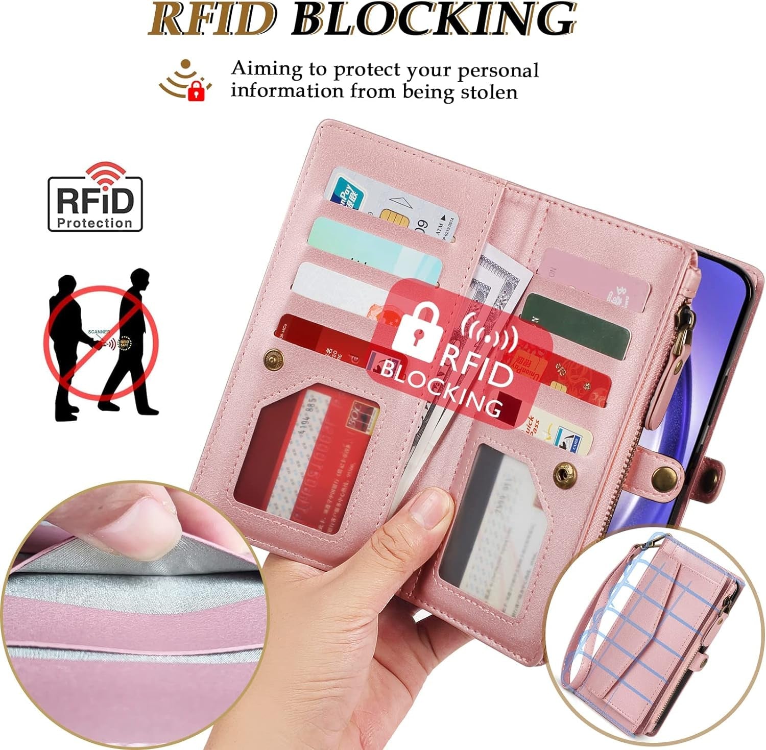 DKDKSIP for Iphone 15 Pro Wallet Case for Women, Support Wireless Charging with RFID Blocking Card Holder, PU Leather Zipper Wallet Detachable Magnetic Phone Case with Crossbody Strap, Pink  DKDKSIP   