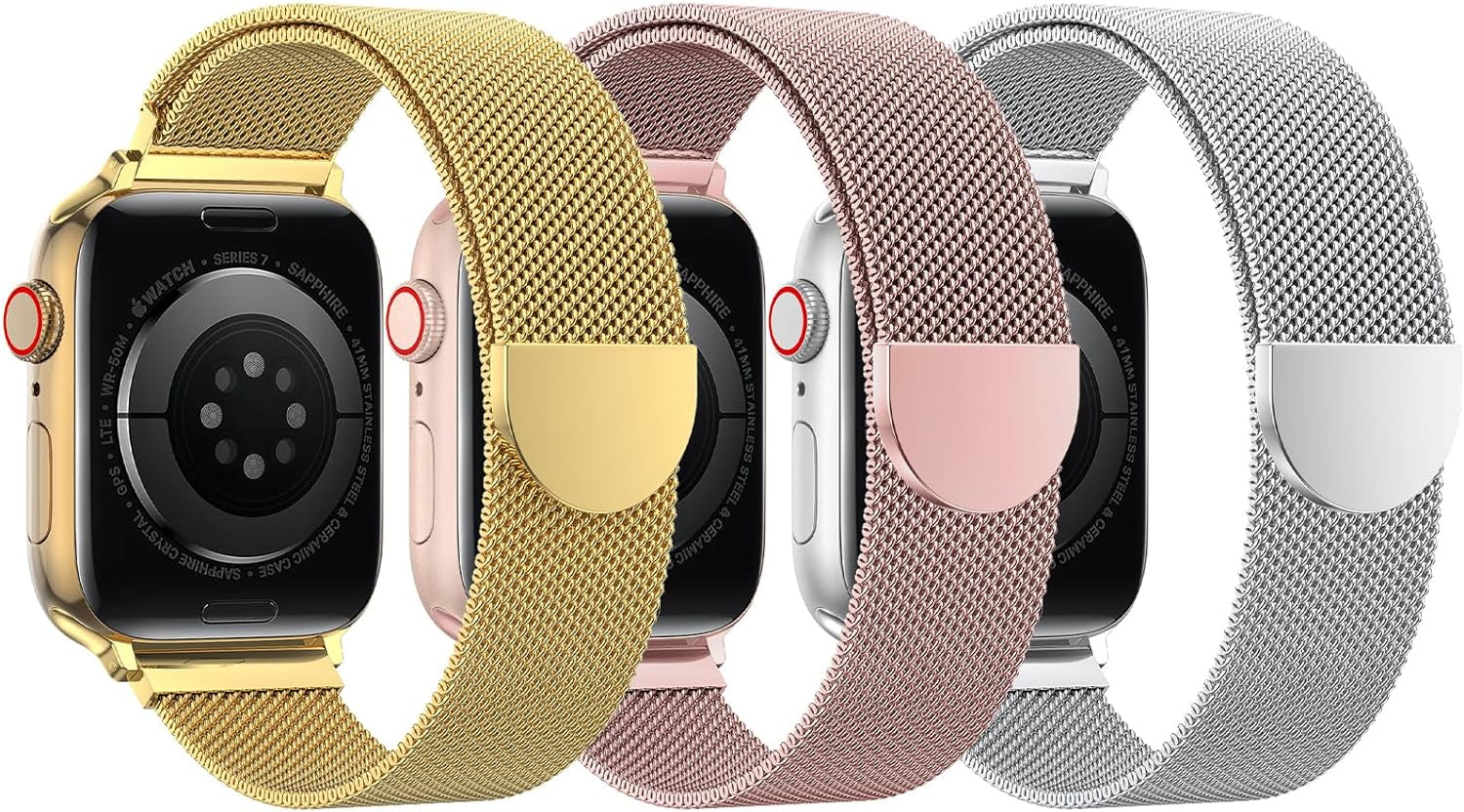 BELONGME 3 Pack Mesh Loop Compatible with Apple Watch Band 40Mm 41Mm 38Mm 42Mm 44Mm 45Mm 49Mm Series Ultra SE 9 8 7 6 5 4 3 2 1 Women Men, Stainless Steel Metal Strap Magnetic Clasp for Iwatch Bands