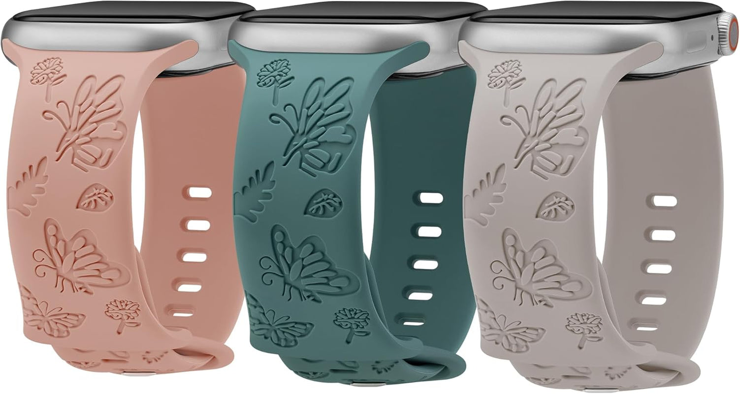 3 Pack Butterfly Floral Engraved Silicone Apple Watch Bands for Women - Soft, Sporty, and Stylish, Fits 38Mm-49Mm Apple Watch/Iwatch Series Ultra/Ultra 2/SE/9/8/7/6/5/4/3/2/1