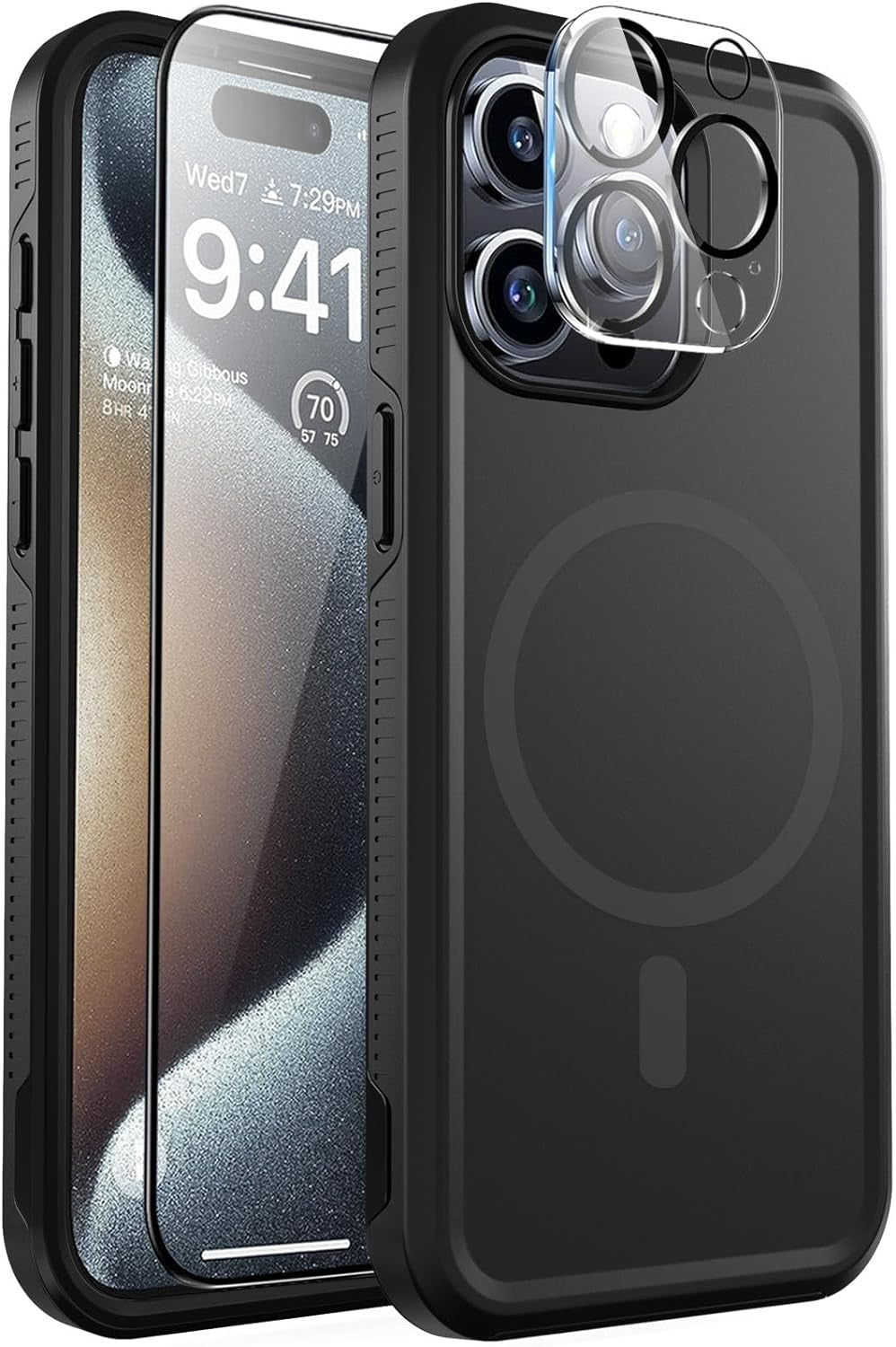 Bosskiss Ultra Strong Magnetic for Iphone 15 Pro Case, [Compatible with Magsafe] [Glass Screen + Camera Protector] Slim Translucent Matte Shockproof Case for Iphone 15 Pro Case 6.1 Inch, Black  BossKiss   