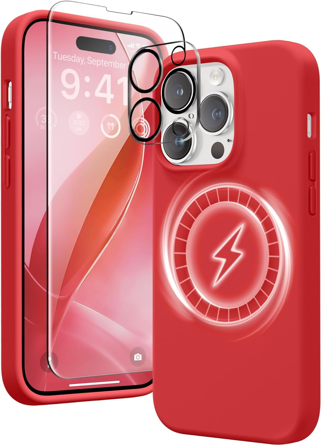 GONEZ for Iphone 14 Pro Max Case Silicone, Compatible with Magsafe, with 2X Screen Protector + 2X Camera Lens Protector, Liquid Silicone Shockproof Protective Iphone 14 Promax Case, Blue  GONEZ Crimson Red  