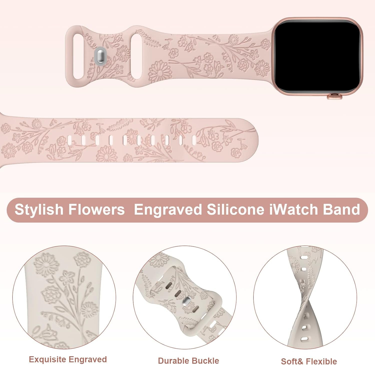 4 Pack Flower Engraved Silicone Band Compatible with Apple Watch Band 38Mm 40Mm 41Mm 42Mm 44Mm 45Mm 49Mm, Women Soft Floral Strap Sport Wristbands for Iwatch Series 9/8/7/6/5/4/3/2/1/Se/Ultra