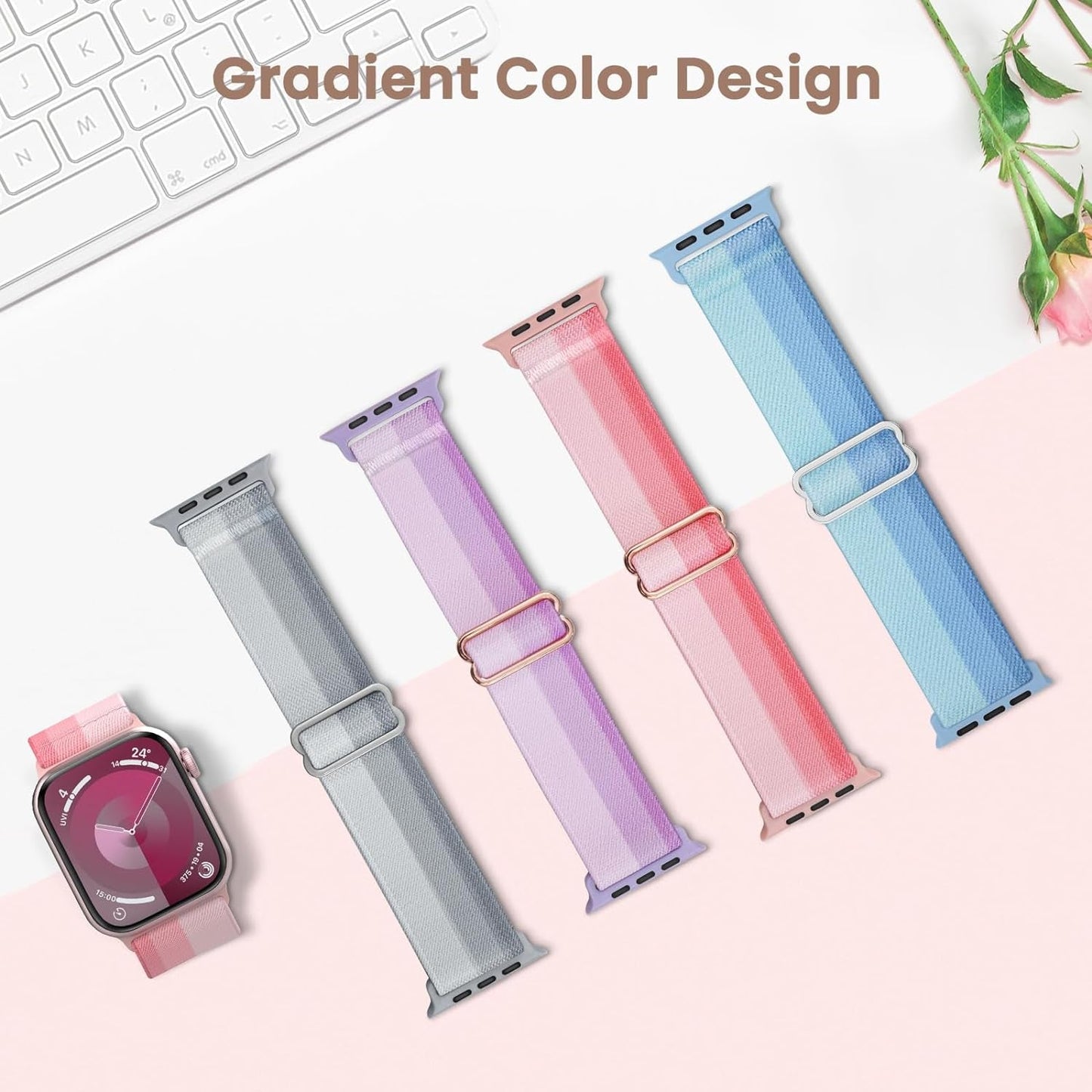 Delidigi Compatible with Stretchy Apple Watch Band 38Mm 40Mm 41Mm 42Mm 44Mm 45Mm 49Mm for Women Men, Gradient Color Nylon Adjustable Straps for Iwatch Series 9 8 7 6 SE 5 4 3 2 1 Ultra Ultra 2