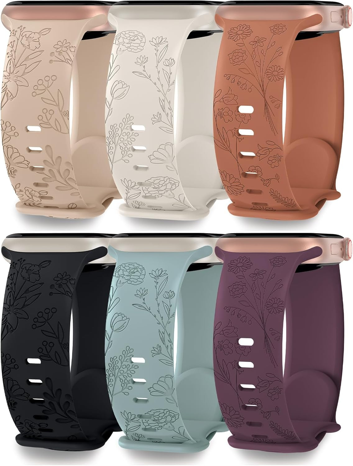 6 Pack Floral Engraved Compatible for Apple Watch Band 38Mm 40Mm 41Mm 42Mm 44Mm 45Mm 49Mm Women, Soft Silicone Cute Flower Sport Strap for Iwatch Bands Series 9 8 7 SE 6 5 4 3 2 1 Ultra