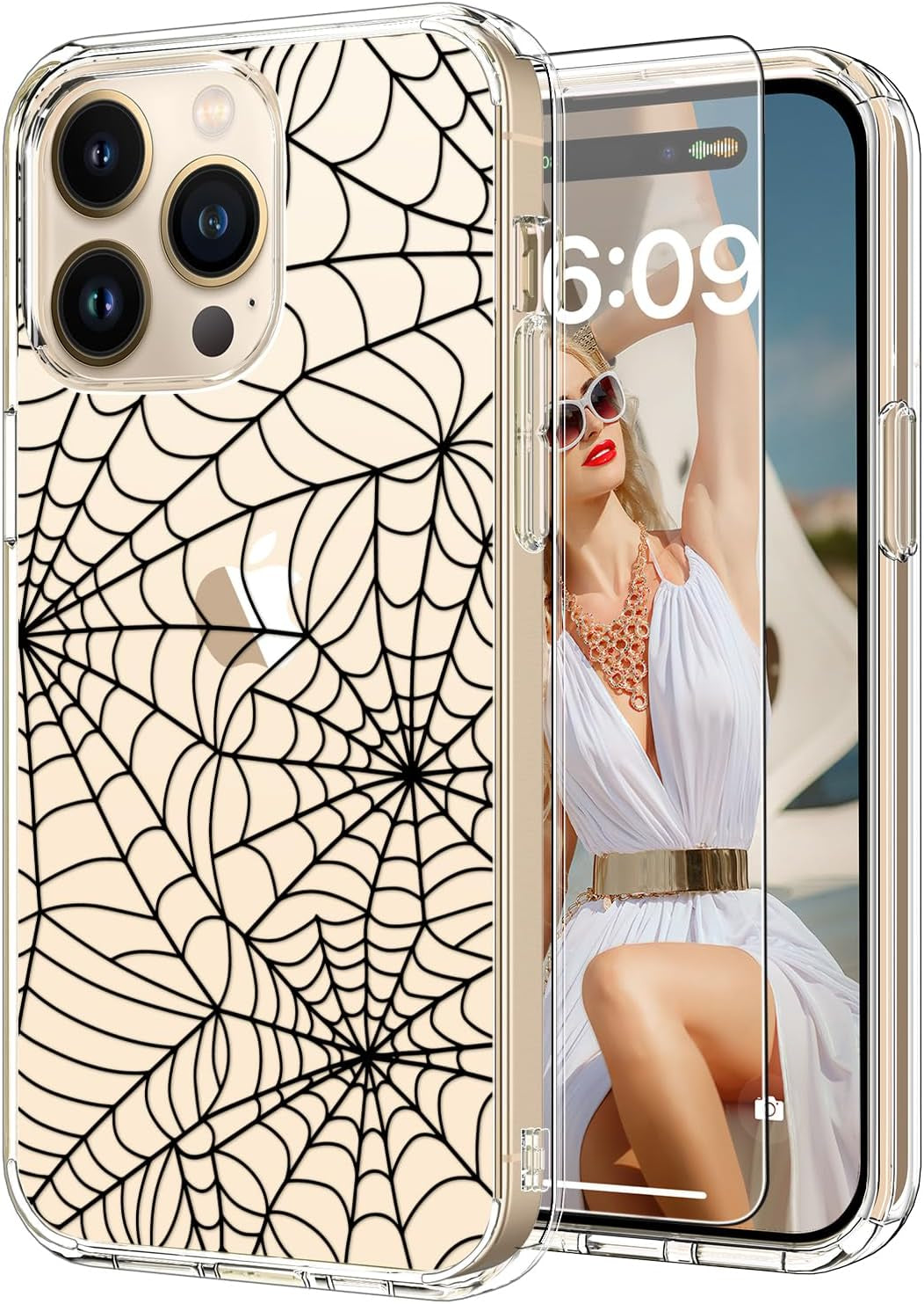 ICEDIO for Iphone 15 Pro Case with Screen Protector-Clear with Fashionable Trendy Patterns-Designed for Girls Women-Slim Fit Cover-Protective Phone Case 6.1" Cute Blooming Pink Floral  ICEDIO Many Spider Webs  